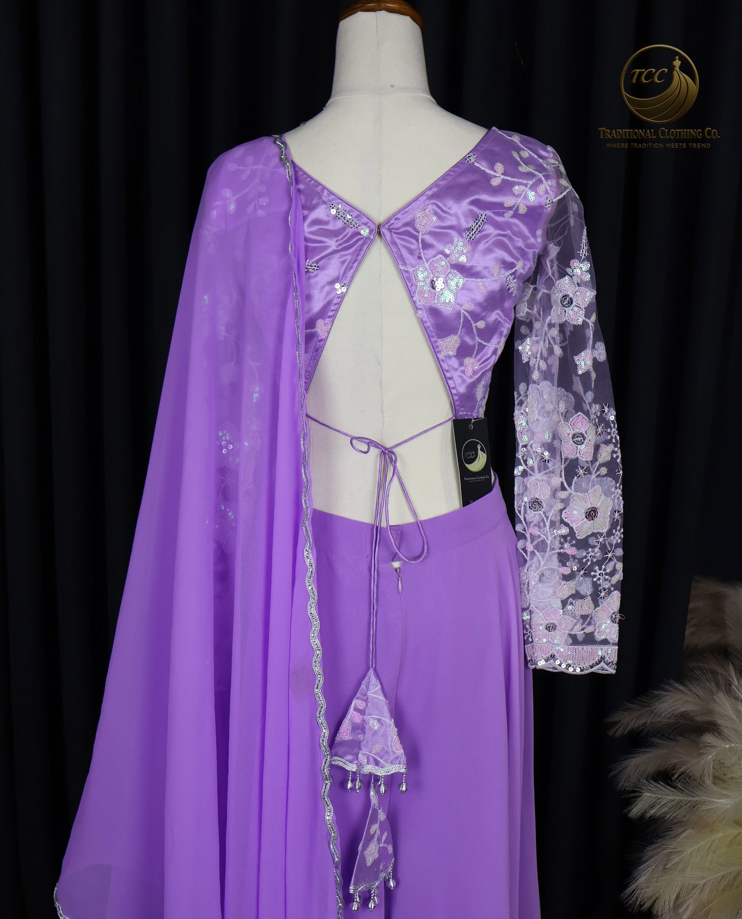 Elegant Lavender Embroidered Lehenga Style Sharara with Draped Shoulder & Sheer Dupatta – Festive & Traditional Wear
