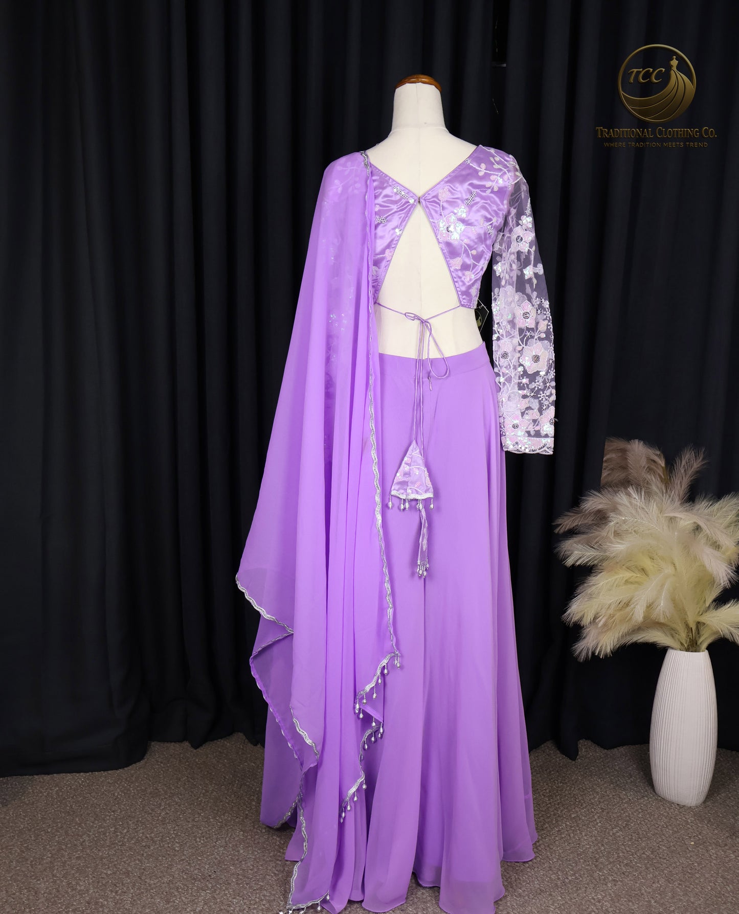 Elegant Lavender Embroidered Lehenga Style Sharara with Draped Shoulder & Sheer Dupatta – Festive & Traditional Wear