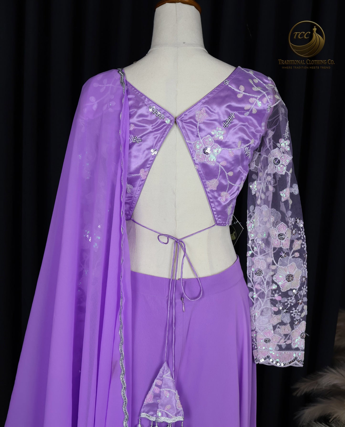 Elegant Lavender Embroidered Lehenga Style Sharara with Draped Shoulder & Sheer Dupatta – Festive & Traditional Wear