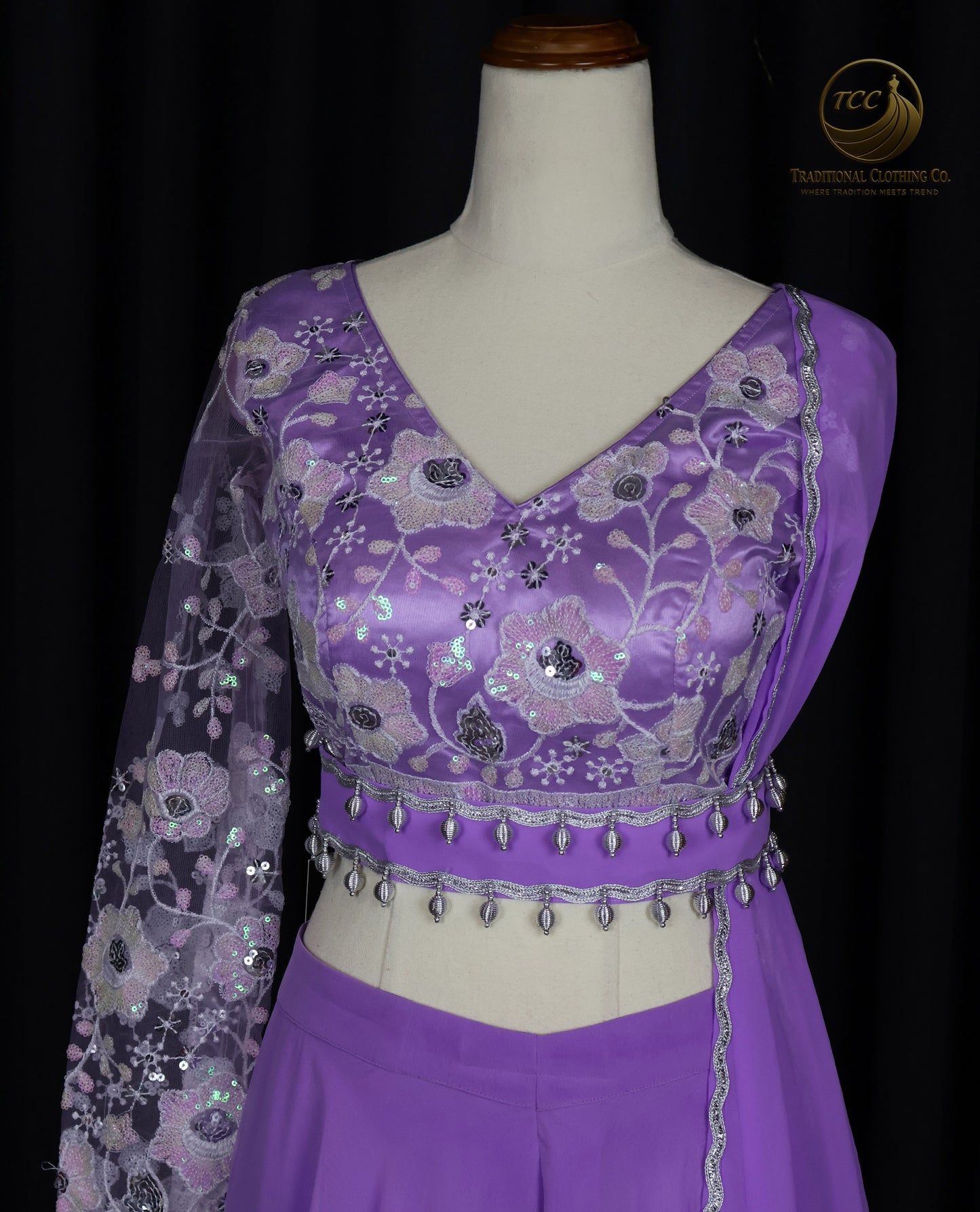Elegant Lavender Embroidered Lehenga Style Sharara with Draped Shoulder & Sheer Dupatta – Festive & Traditional Wear