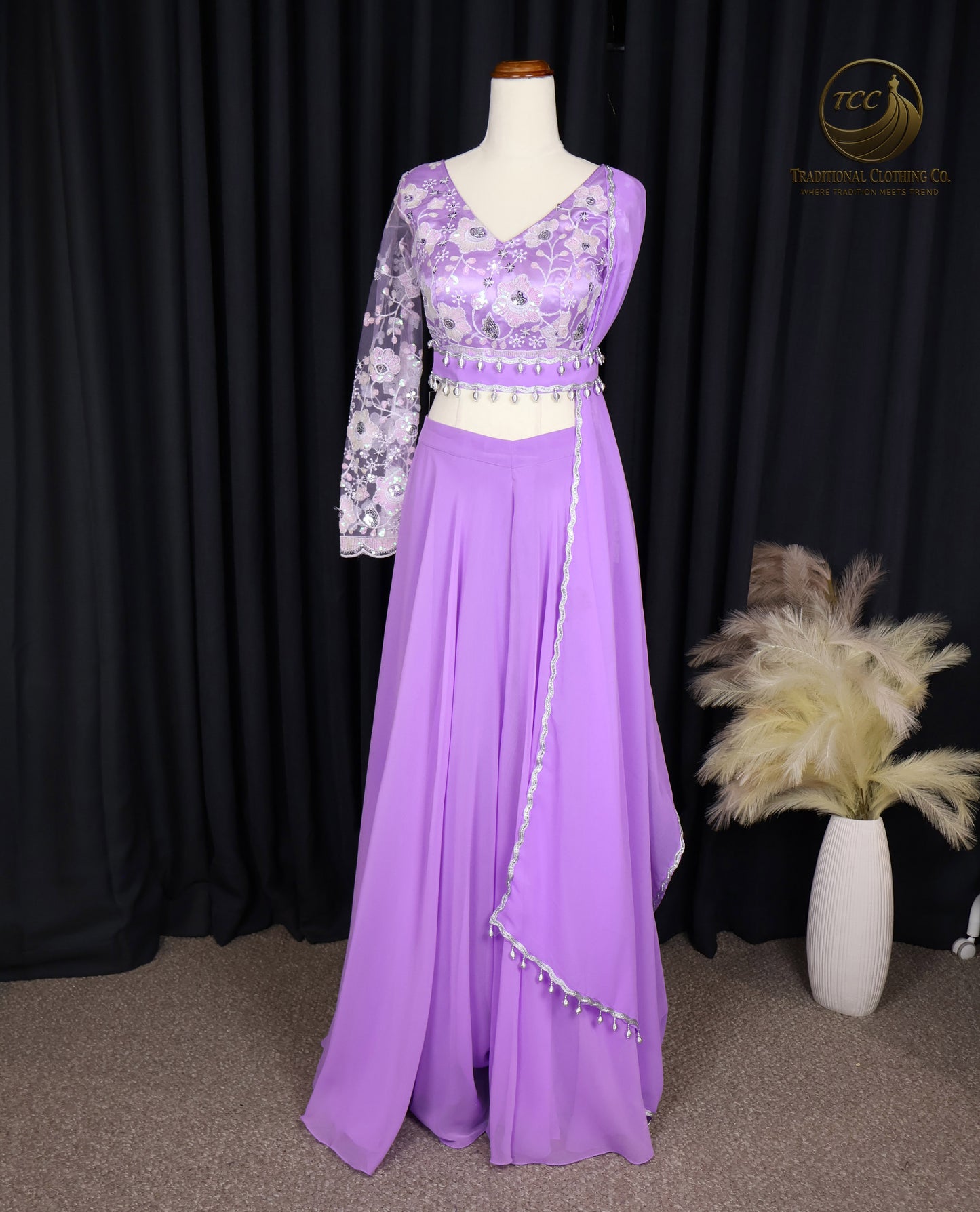 Elegant Lavender Embroidered Lehenga Style Sharara with Draped Shoulder & Sheer Dupatta – Festive & Traditional Wear