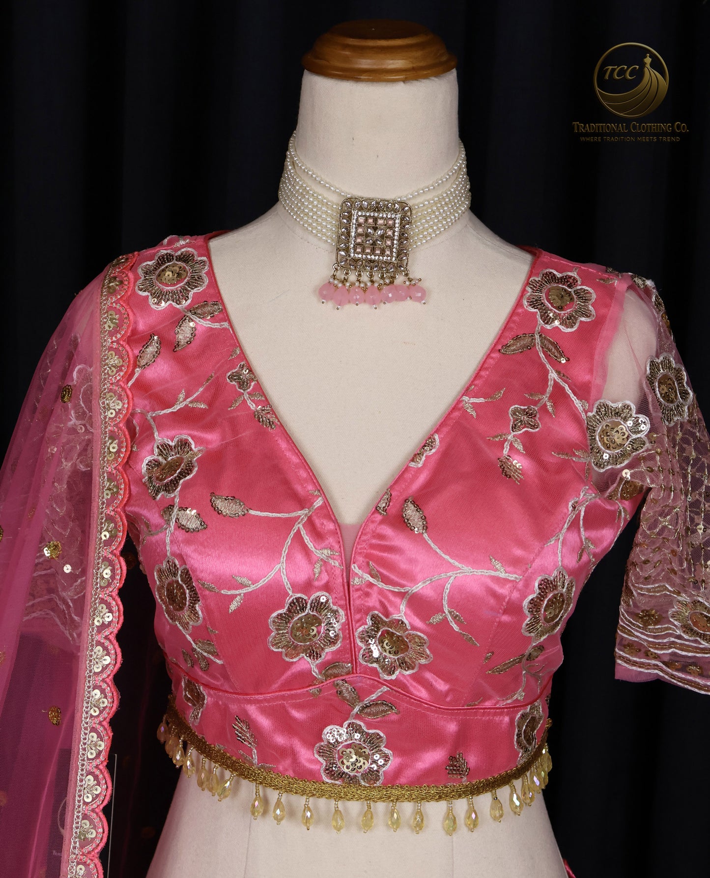 Radiant Pink Embroidered Lehenga Choli with Crisscross Tie-Up Back & Sheer Dupatta – Festive & Traditional Wear