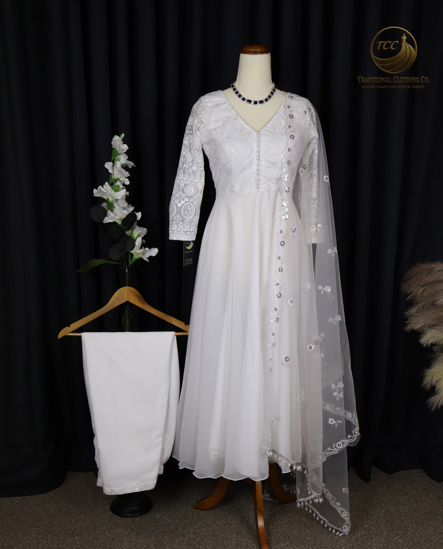 Elegant White Embroidered Anarkali set with Lace-Up Back & Sheer Dupatta – Festive & Traditional Wear | Boutique Edition