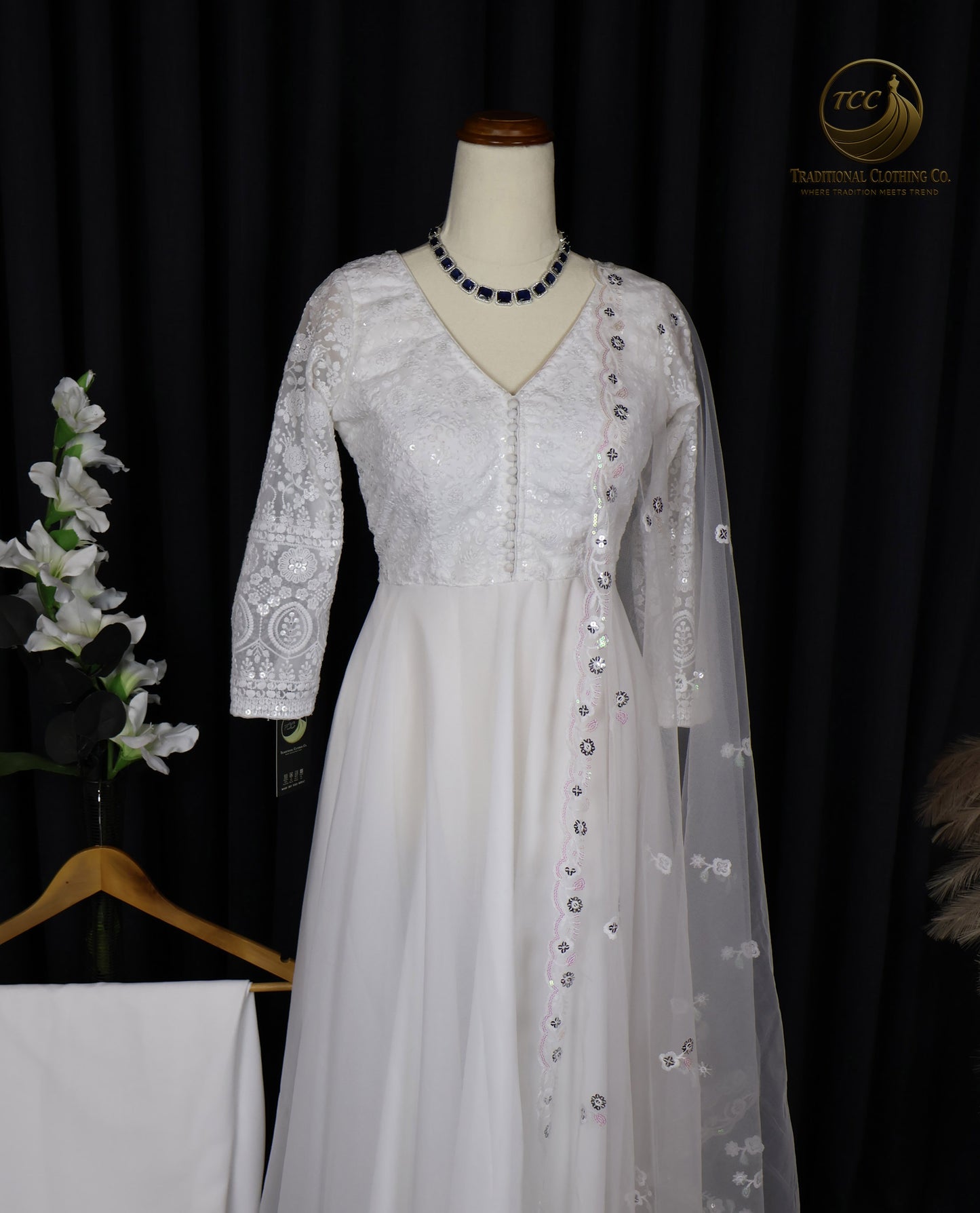Elegant White Embroidered Anarkali set with Lace-Up Back & Sheer Dupatta – Festive & Traditional Wear | Boutique Edition