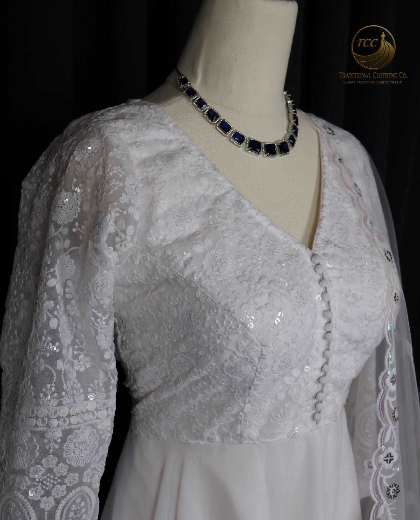 Elegant White Embroidered Anarkali set with Lace-Up Back & Sheer Dupatta – Festive & Traditional Wear | Boutique Edition