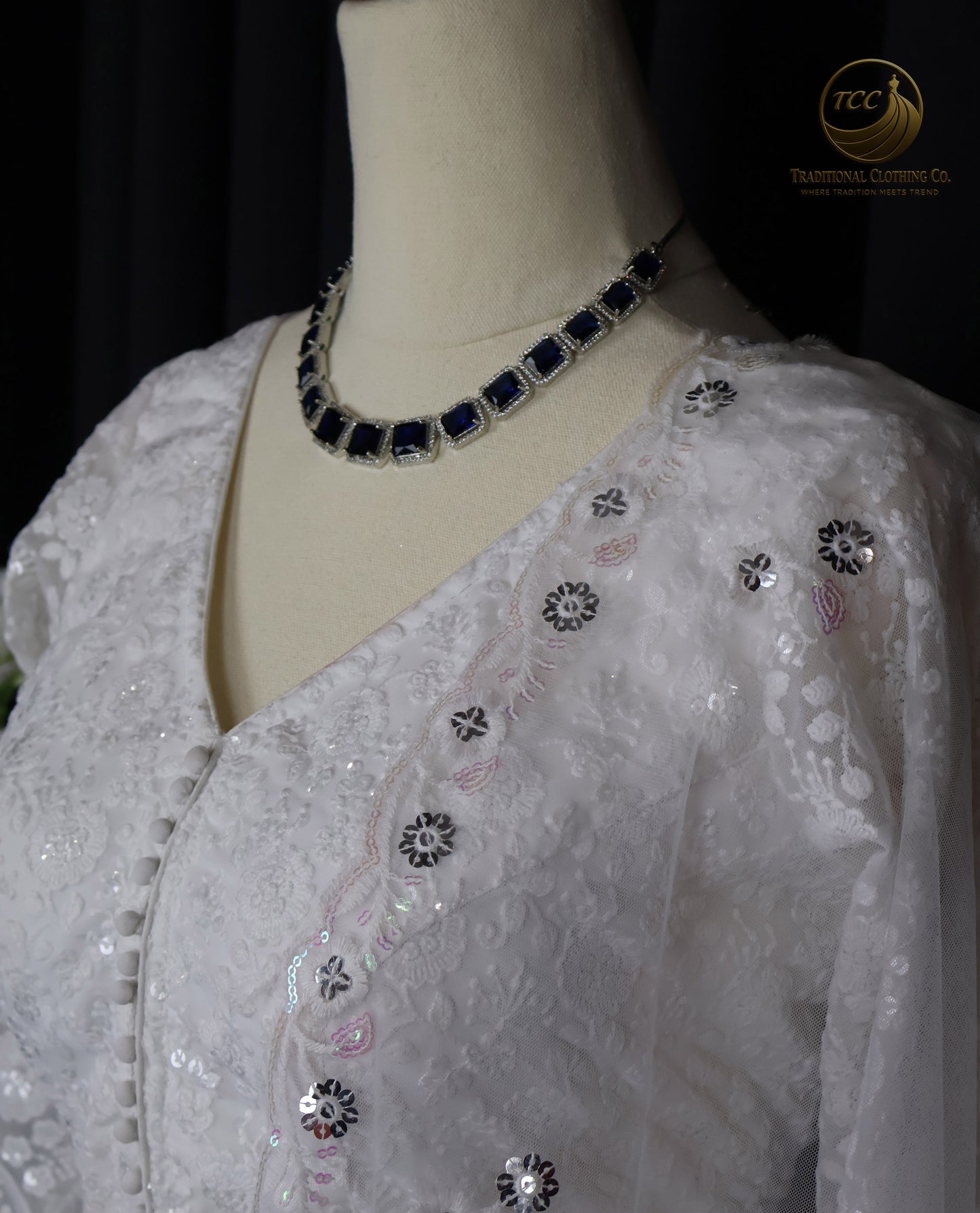 Elegant White Embroidered Anarkali set with Lace-Up Back & Sheer Dupatta – Festive & Traditional Wear | Boutique Edition