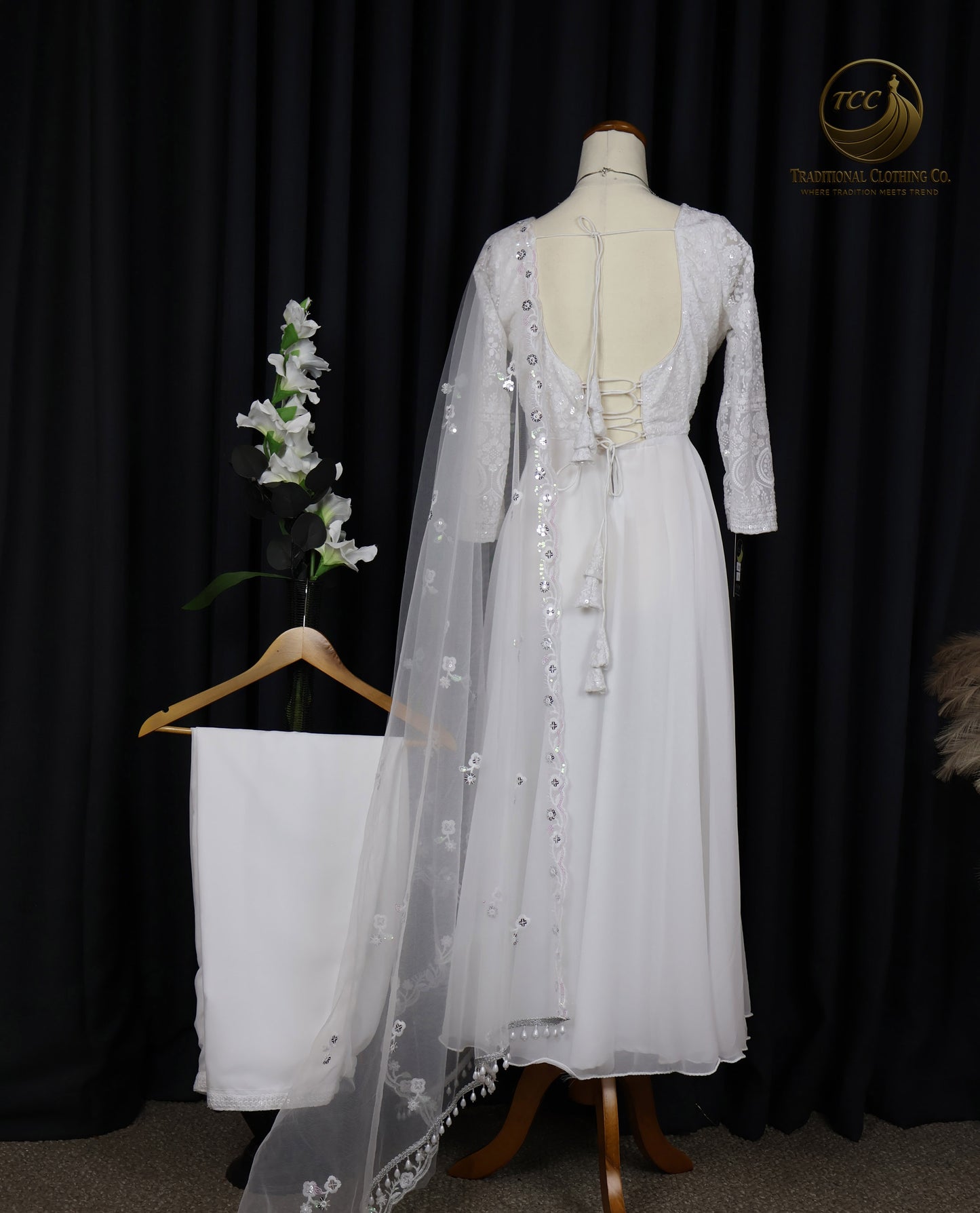 Elegant White Embroidered Anarkali set with Lace-Up Back & Sheer Dupatta – Festive & Traditional Wear | Boutique Edition