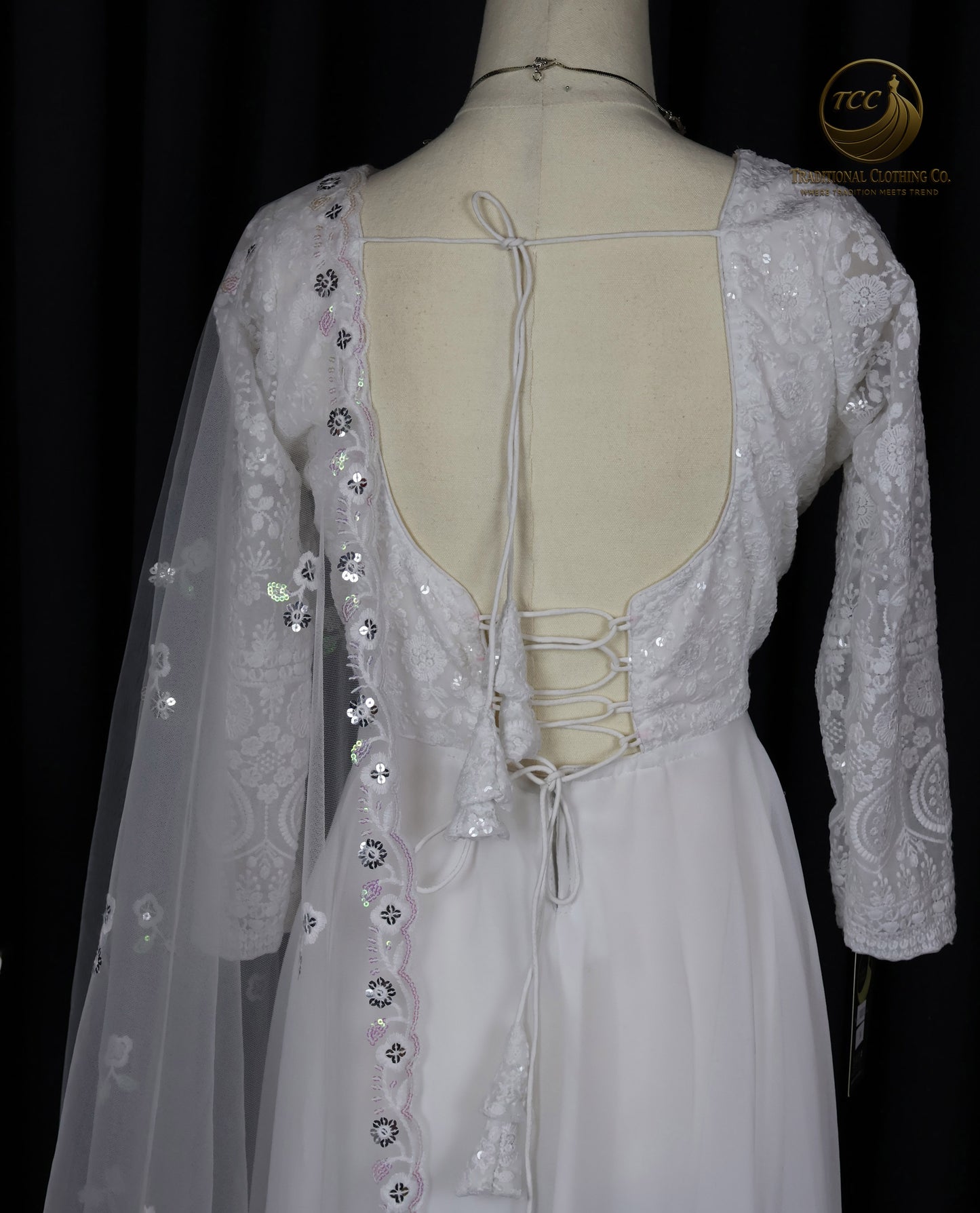 Elegant White Embroidered Anarkali set with Lace-Up Back & Sheer Dupatta – Festive & Traditional Wear | Boutique Edition
