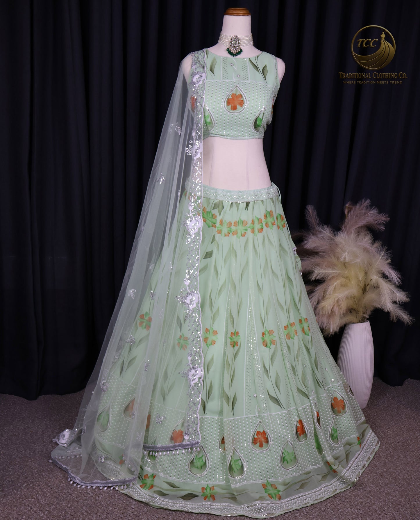 Graceful Light Green Embroidered Lehenga Choli with Floral Detailing & Sheer Dupatta – Festive & Traditional Wear