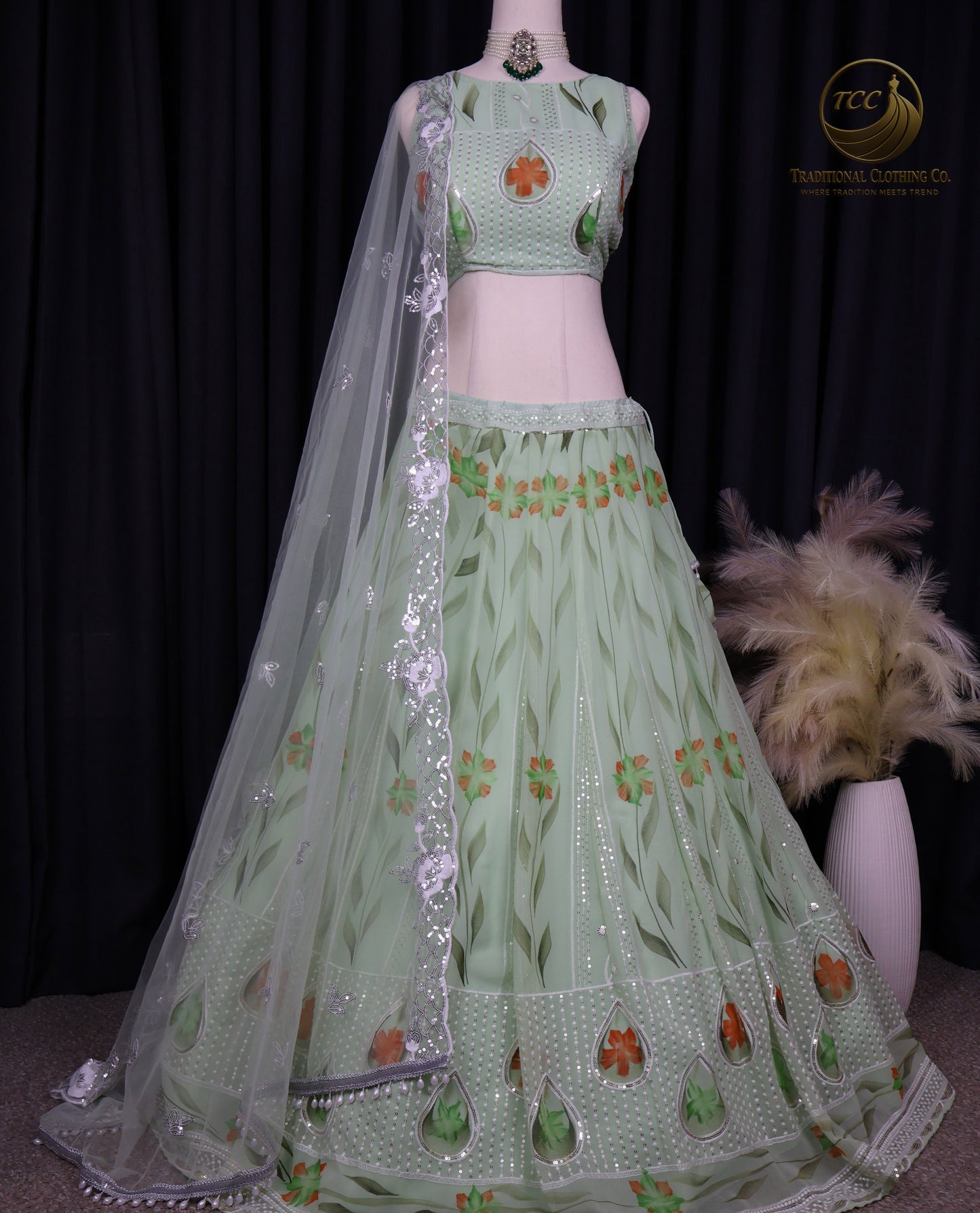 Graceful Light Green Embroidered Lehenga Choli with Floral Detailing & Sheer Dupatta – Festive & Traditional Wear
