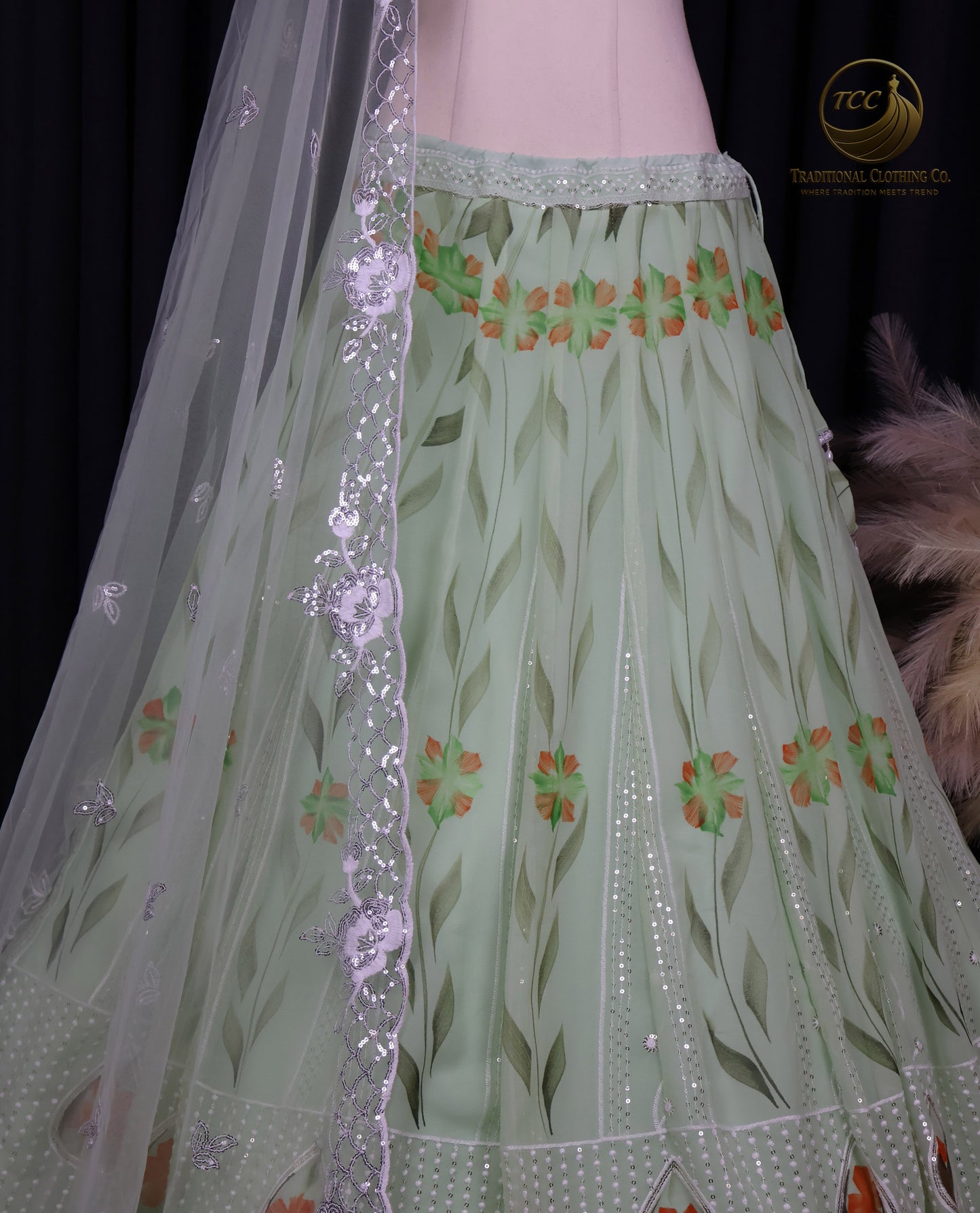 Graceful Light Green Embroidered Lehenga Choli with Floral Detailing & Sheer Dupatta – Festive & Traditional Wear