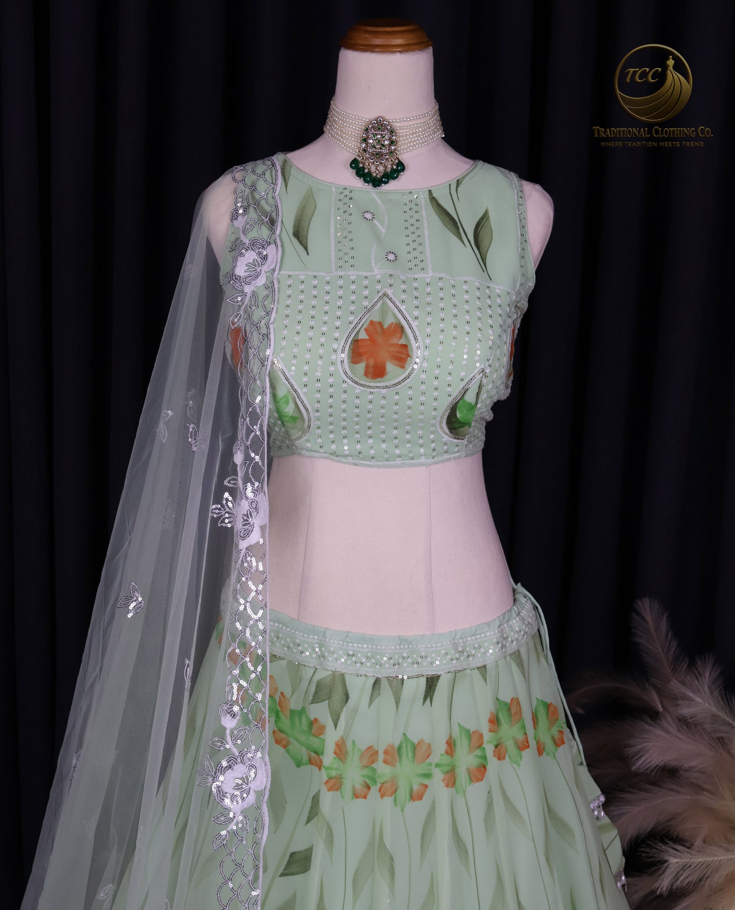 Graceful Light Green Embroidered Lehenga Choli with Floral Detailing & Sheer Dupatta – Festive & Traditional Wear