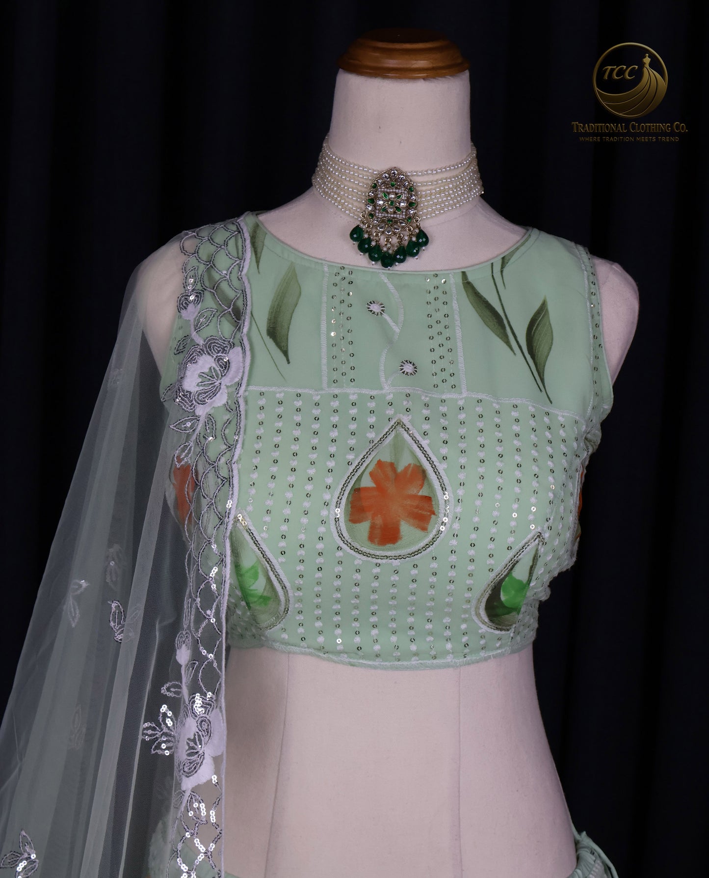 Graceful Light Green Embroidered Lehenga Choli with Floral Detailing & Sheer Dupatta – Festive & Traditional Wear