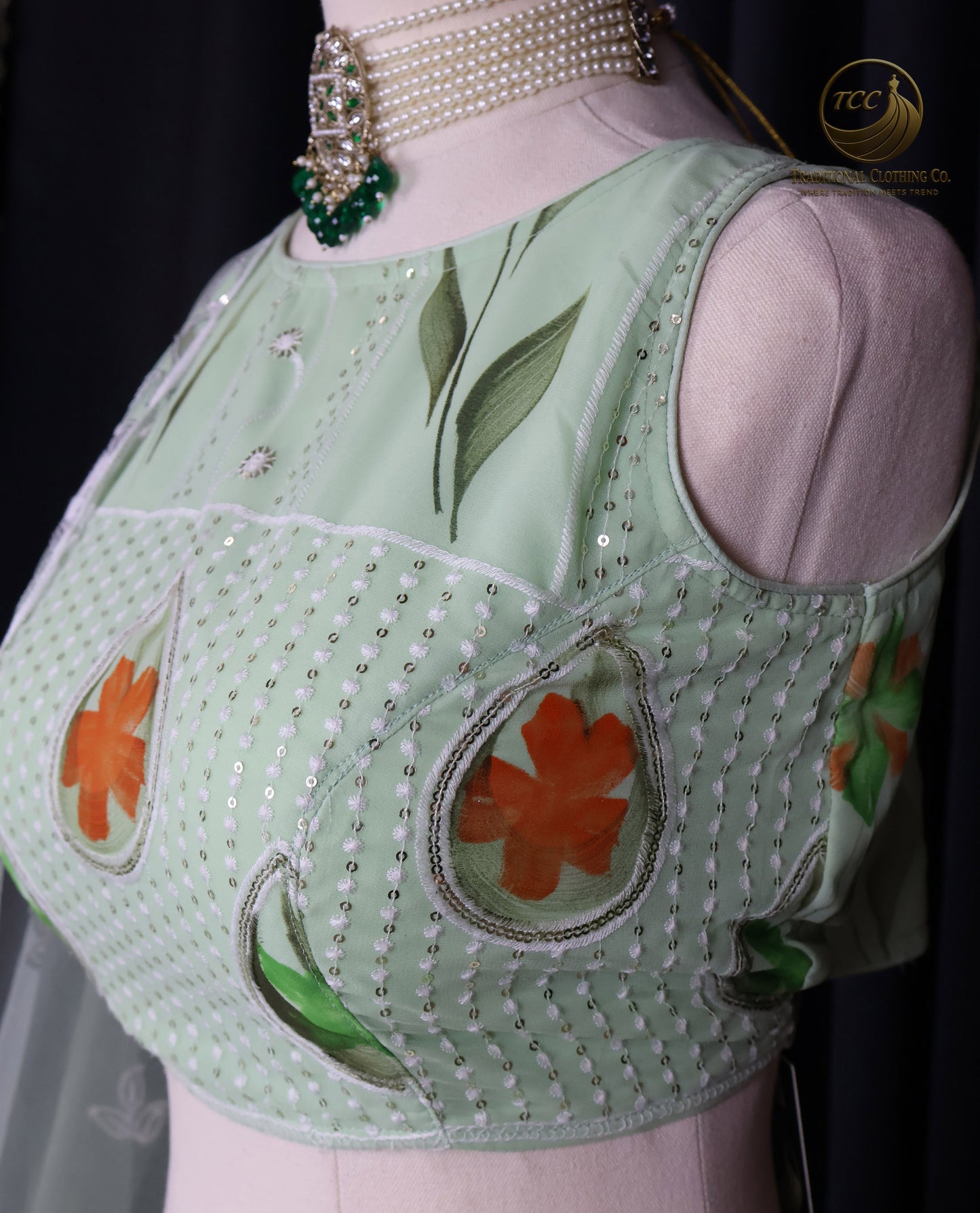 Graceful Light Green Embroidered Lehenga Choli with Floral Detailing & Sheer Dupatta – Festive & Traditional Wear