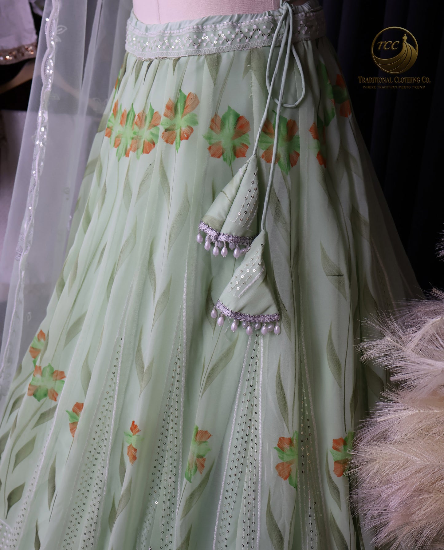 Graceful Light Green Embroidered Lehenga Choli with Floral Detailing & Sheer Dupatta – Festive & Traditional Wear