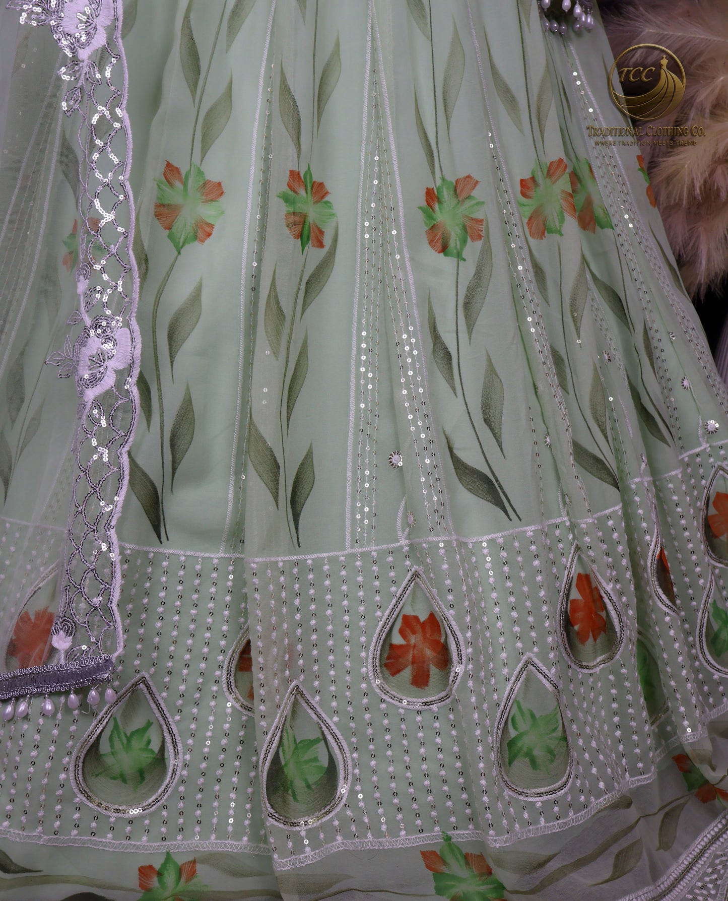 Graceful Light Green Embroidered Lehenga Choli with Floral Detailing & Sheer Dupatta – Festive & Traditional Wear