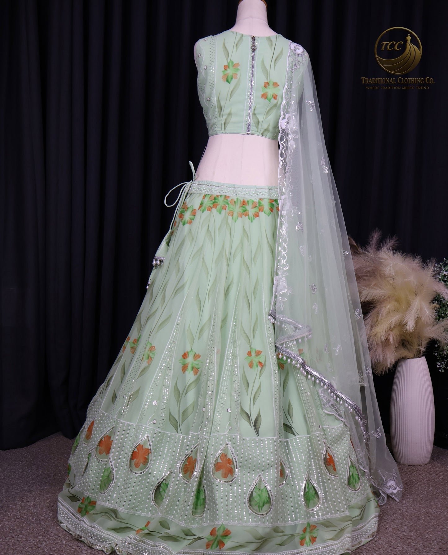 Graceful Light Green Embroidered Lehenga Choli with Floral Detailing & Sheer Dupatta – Festive & Traditional Wear