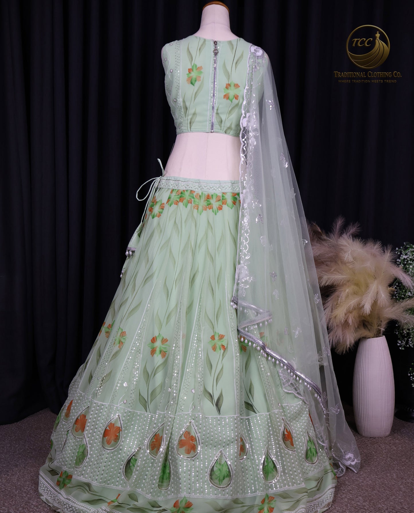 Graceful Light Green Embroidered Lehenga Choli with Floral Detailing & Sheer Dupatta – Festive & Traditional Wear