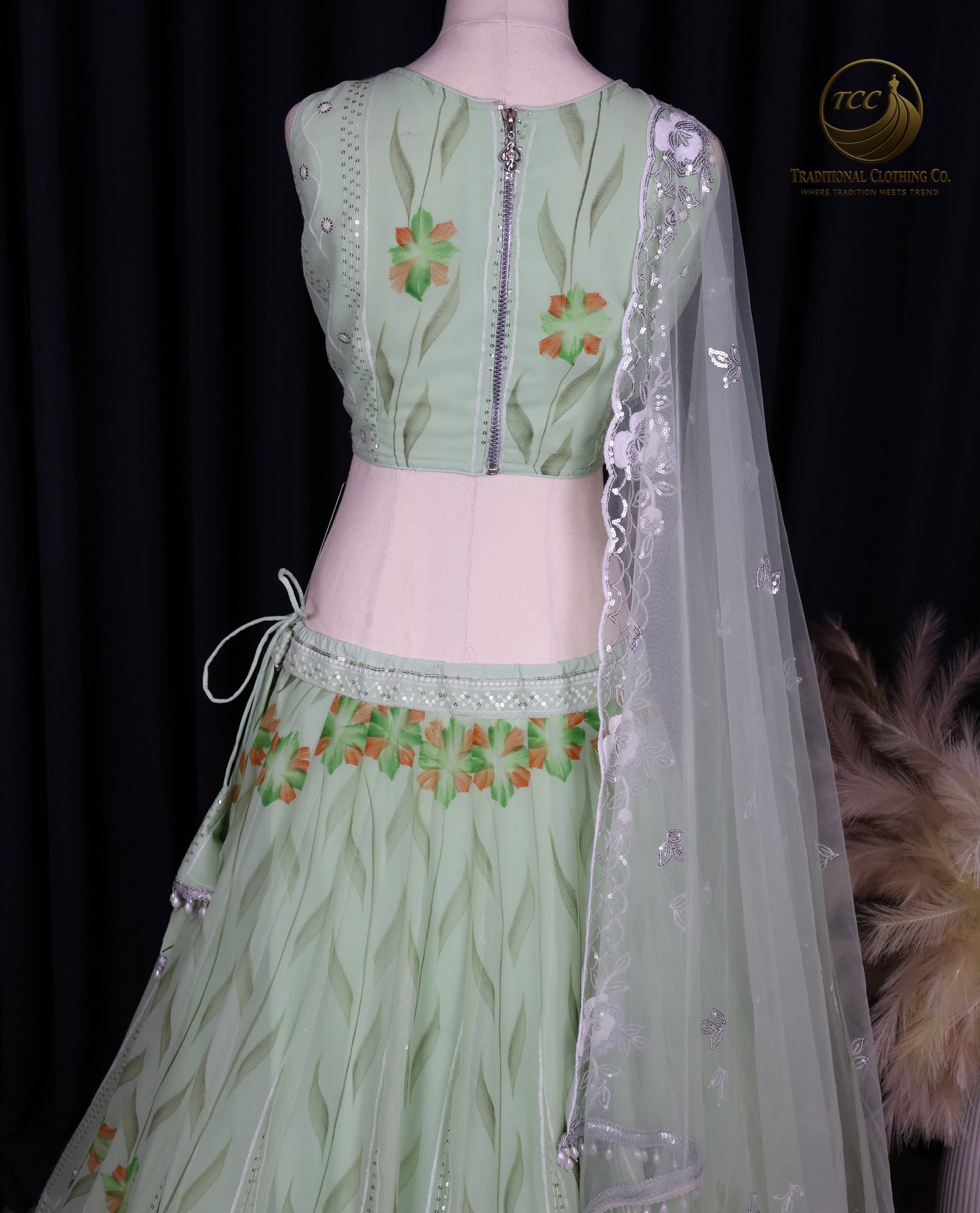 Graceful Light Green Embroidered Lehenga Choli with Floral Detailing & Sheer Dupatta – Festive & Traditional Wear