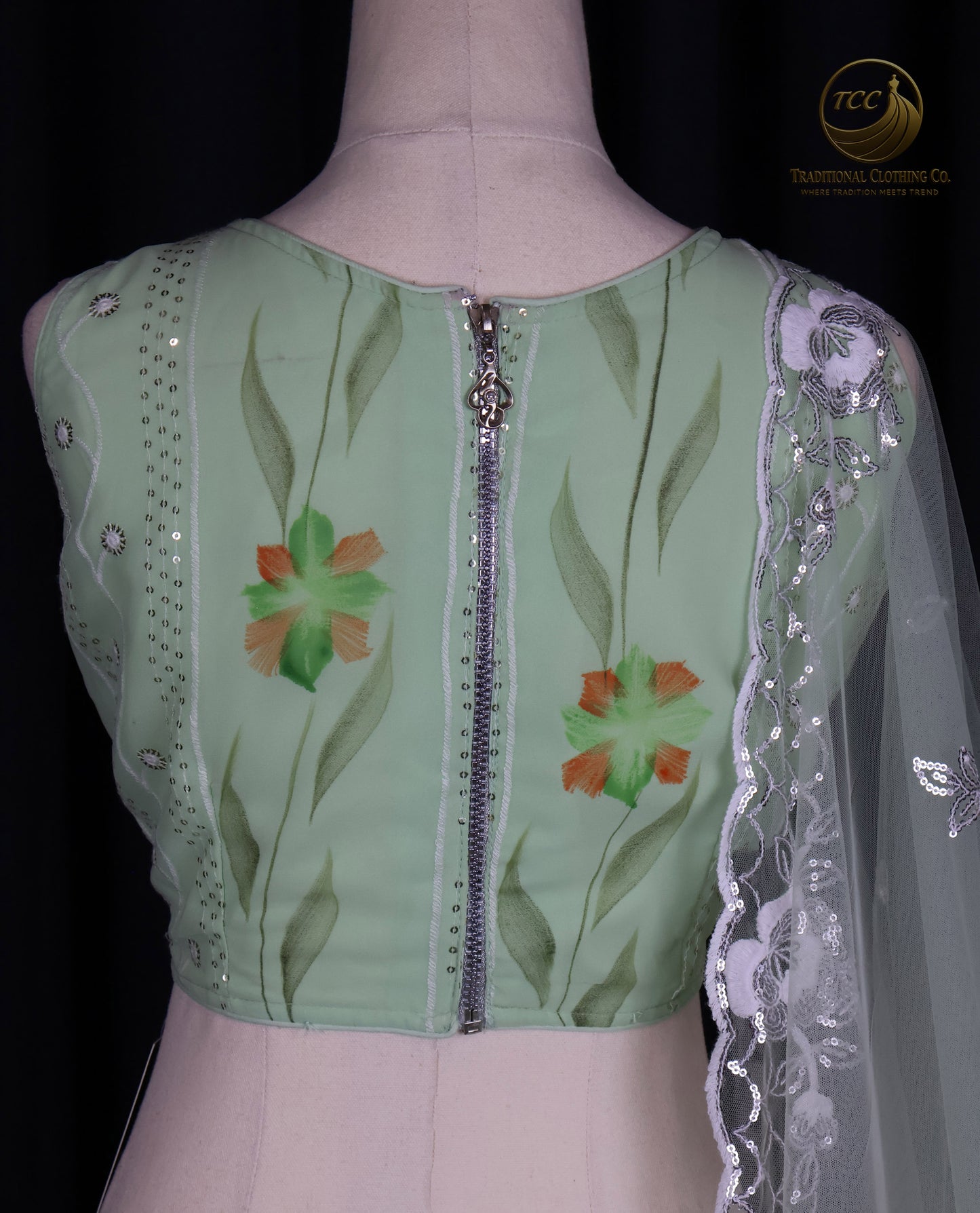 Graceful Light Green Embroidered Lehenga Choli with Floral Detailing & Sheer Dupatta – Festive & Traditional Wear