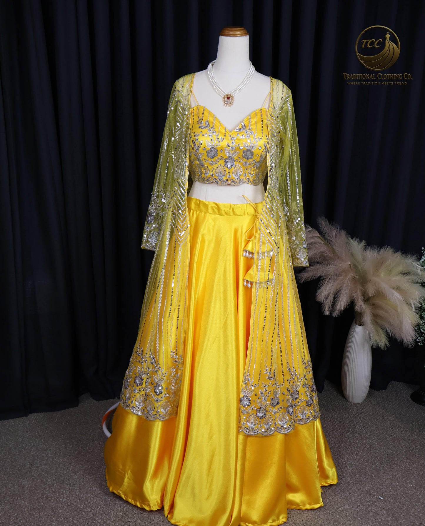 Radiant Yellow Satin Lehenga Choli with Embellished Blouse & Sheer Dupatta – Festive & Traditional Wear