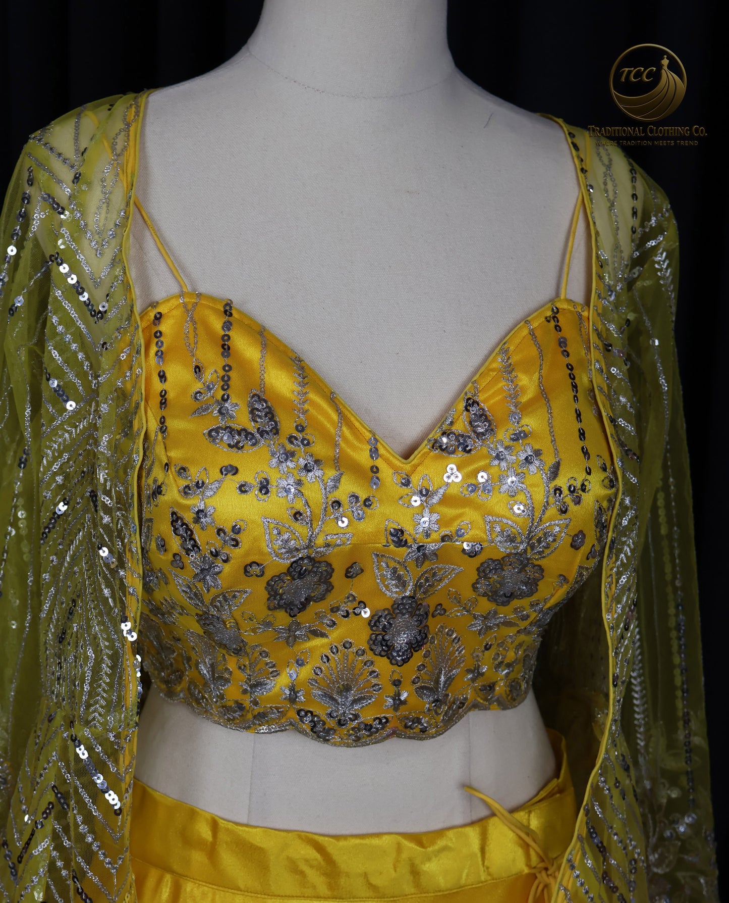 Radiant Yellow Satin Lehenga Choli with Embellished Blouse & Sheer Dupatta – Festive & Traditional Wear