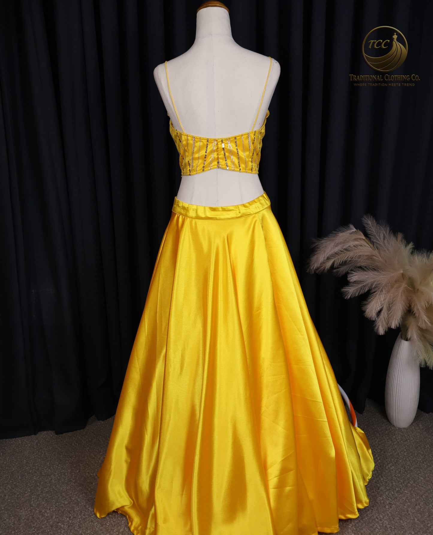 Radiant Yellow Satin Lehenga Choli with Embellished Blouse & Sheer Dupatta – Festive & Traditional Wear
