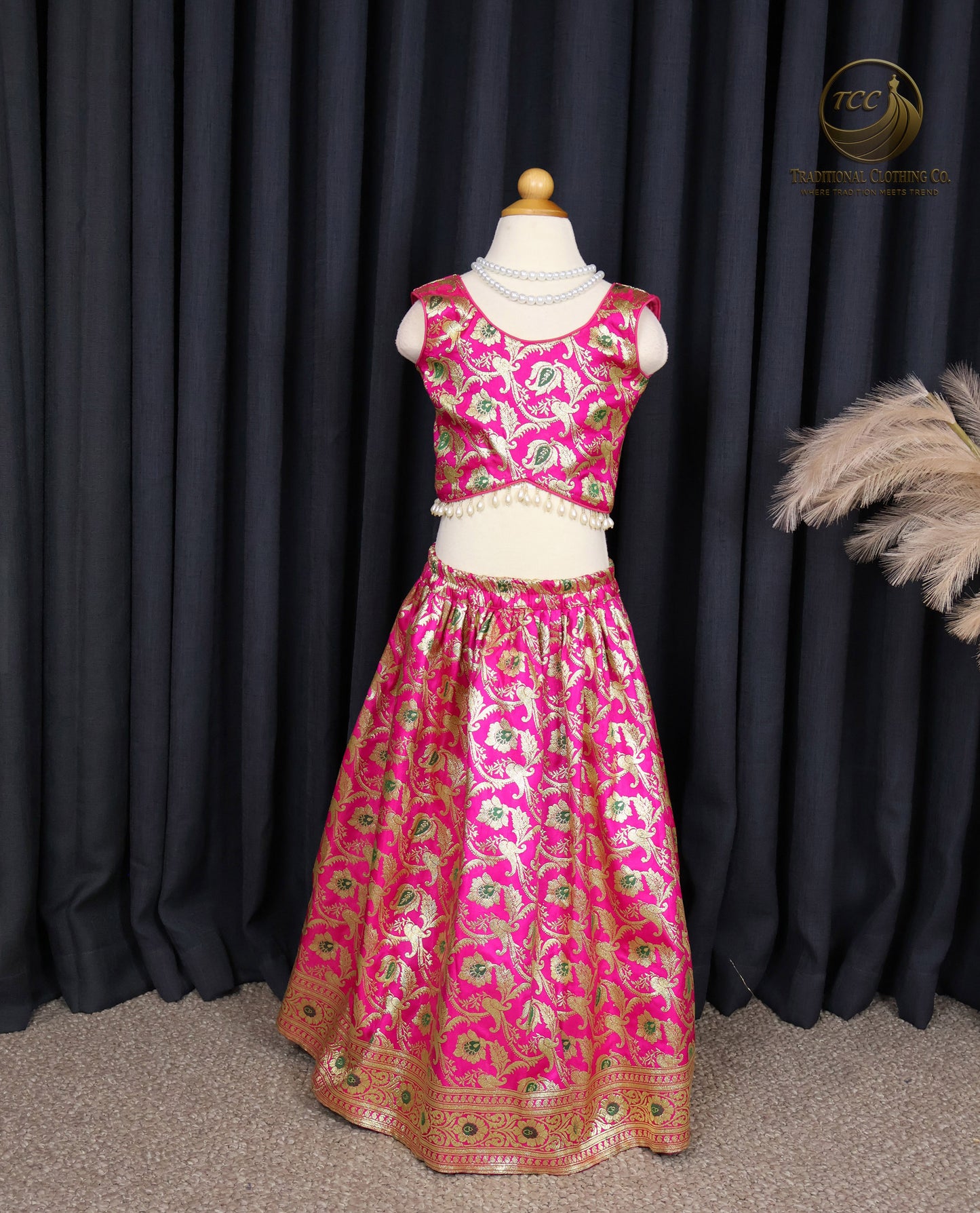 Vibrant Pink & Gold Floral Embroidered Lehenga Choli with Sleeveless Blouse – Festive & Traditional Wear