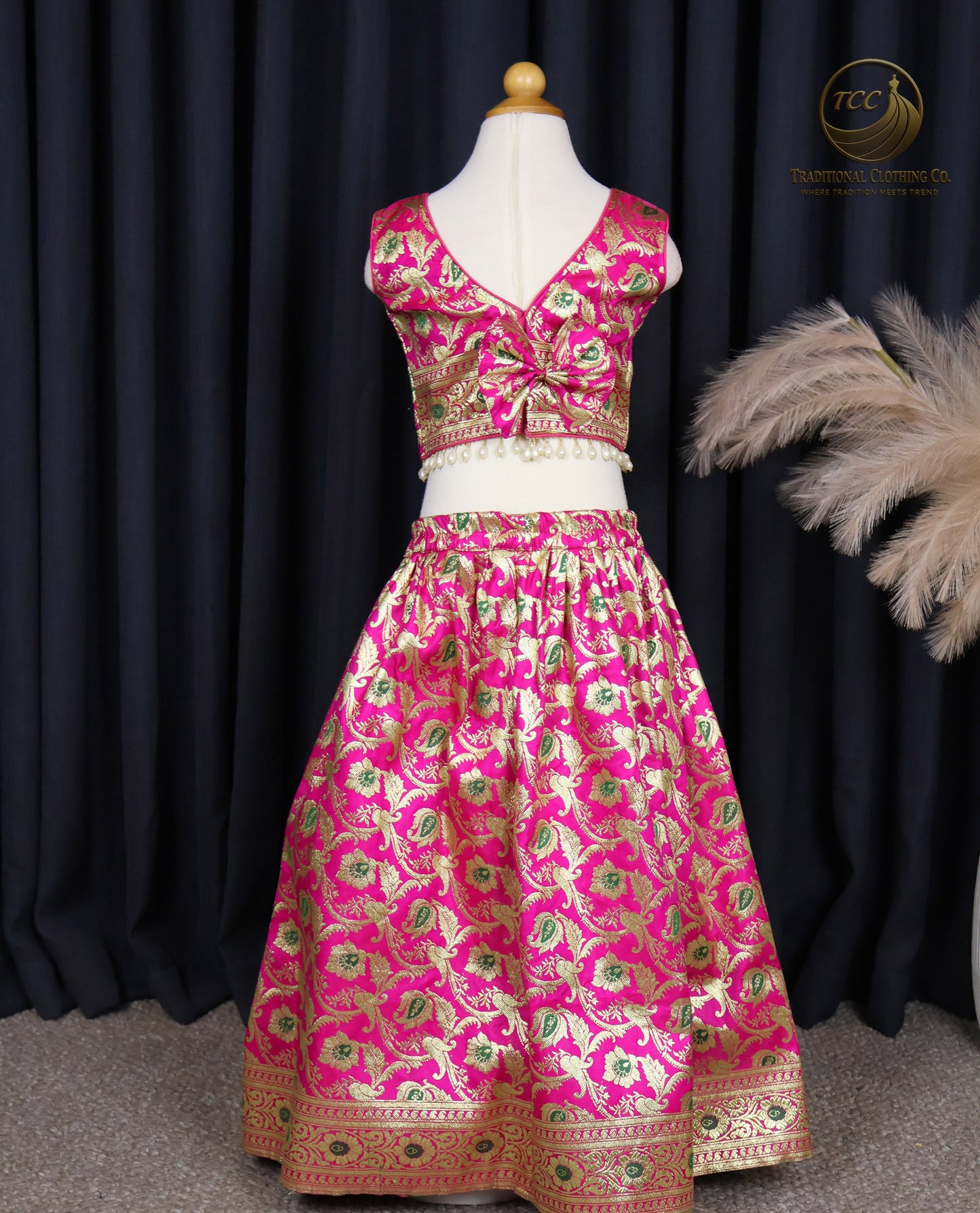 Vibrant Pink & Gold Floral Embroidered Lehenga Choli with Sleeveless Blouse – Festive & Traditional Wear