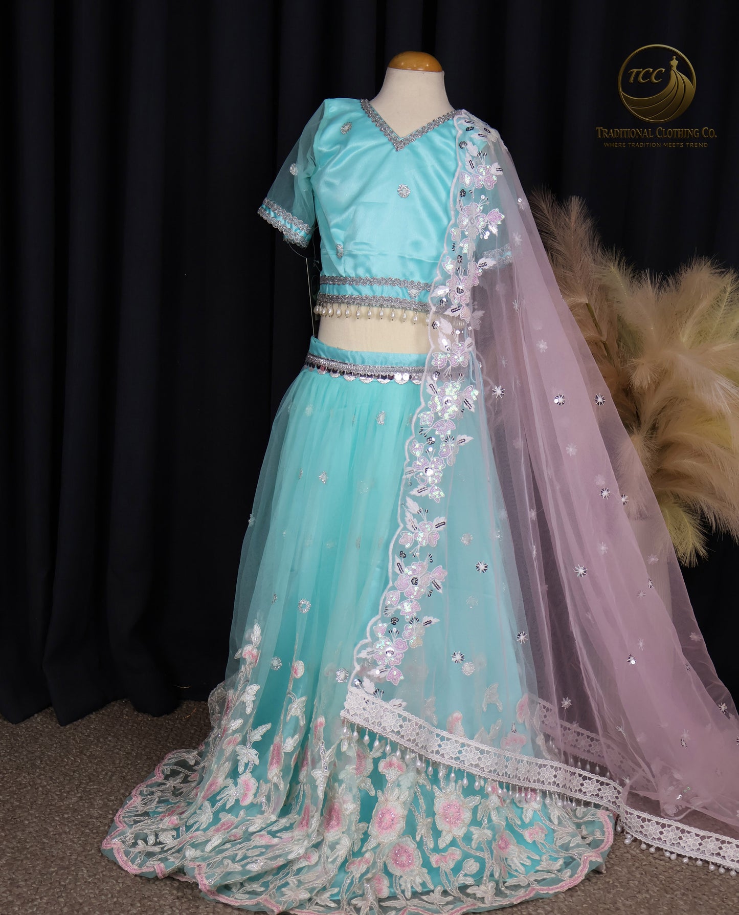 Kids Lehenga - Mesmerizing Turquoise Embroidered Lehenga Choli with Open-Back Blouse & Sheer Dupatta – Festive & Traditional Wear | Boutique Edition