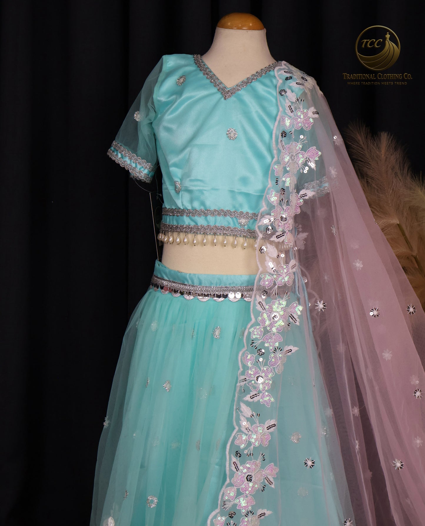 Kids Lehenga - Mesmerizing Turquoise Embroidered Lehenga Choli with Open-Back Blouse & Sheer Dupatta – Festive & Traditional Wear | Boutique Edition