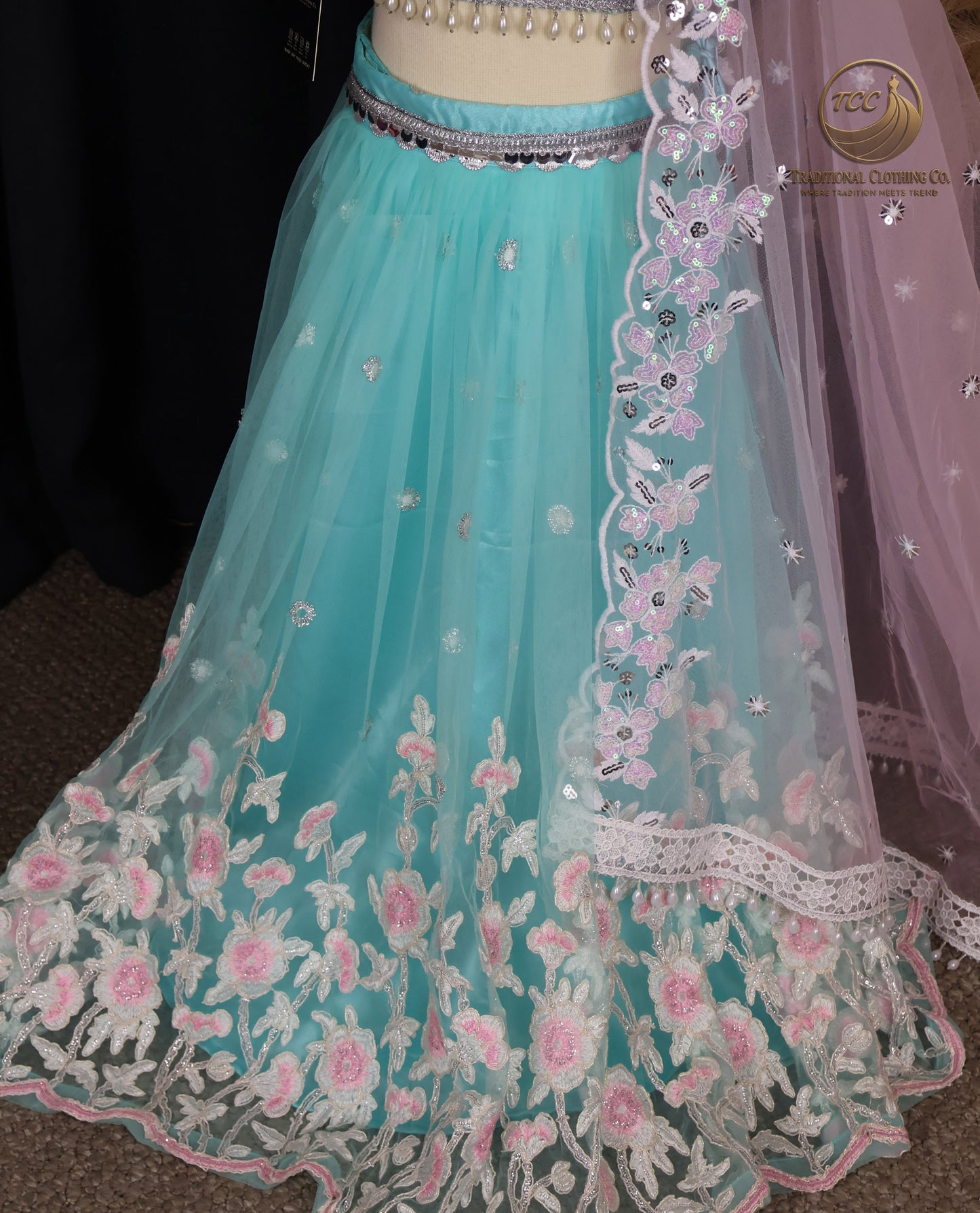 Kids Lehenga - Mesmerizing Turquoise Embroidered Lehenga Choli with Open-Back Blouse & Sheer Dupatta – Festive & Traditional Wear | Boutique Edition