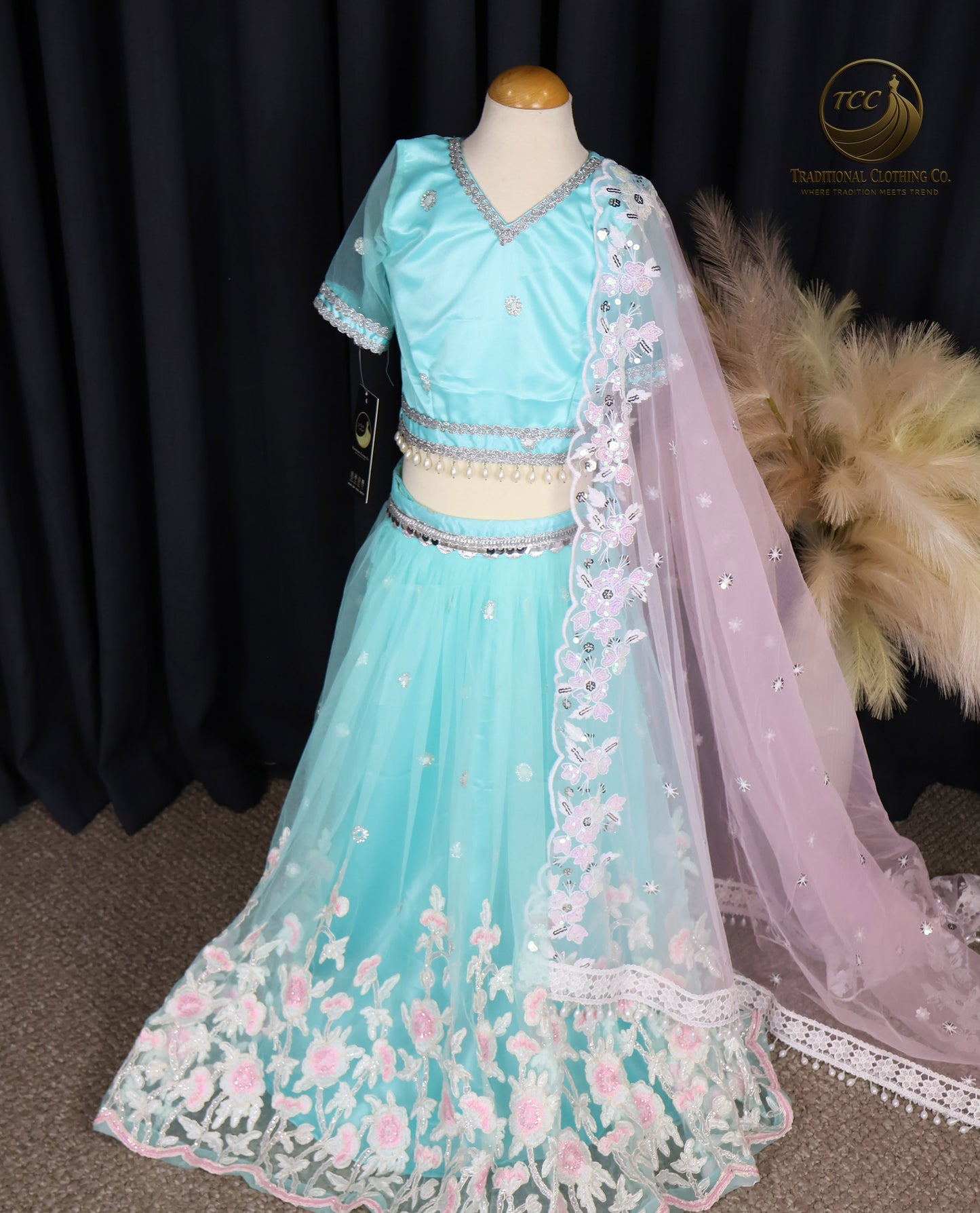 Kids Lehenga - Mesmerizing Turquoise Embroidered Lehenga Choli with Open-Back Blouse & Sheer Dupatta – Festive & Traditional Wear | Boutique Edition