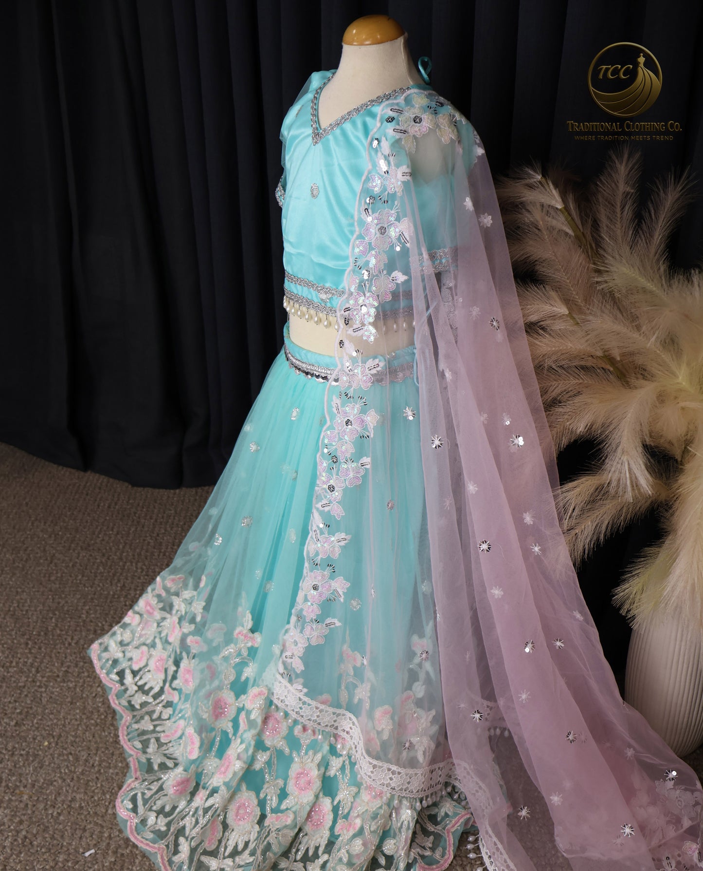 Kids Lehenga - Mesmerizing Turquoise Embroidered Lehenga Choli with Open-Back Blouse & Sheer Dupatta – Festive & Traditional Wear | Boutique Edition