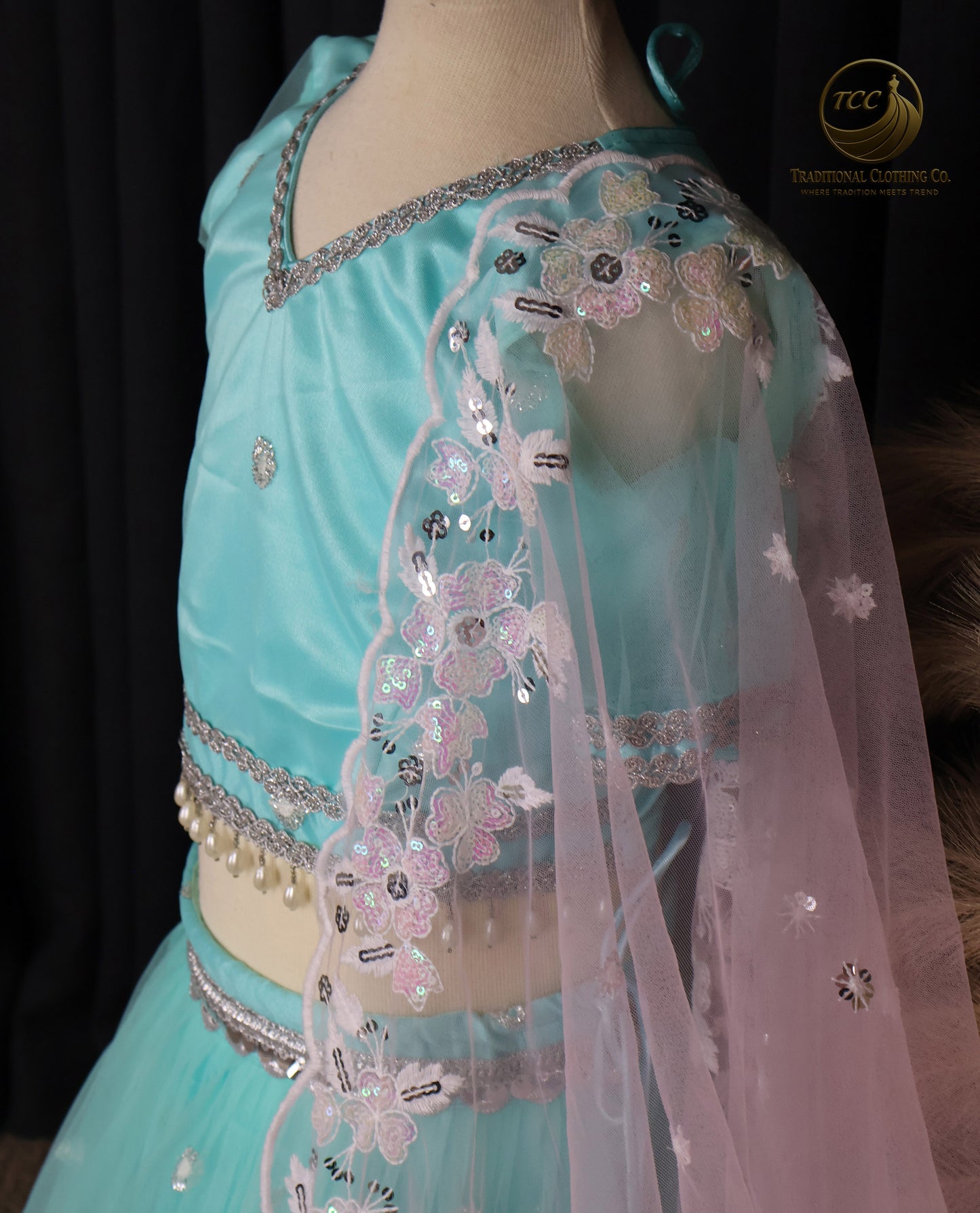Kids Lehenga - Mesmerizing Turquoise Embroidered Lehenga Choli with Open-Back Blouse & Sheer Dupatta – Festive & Traditional Wear | Boutique Edition
