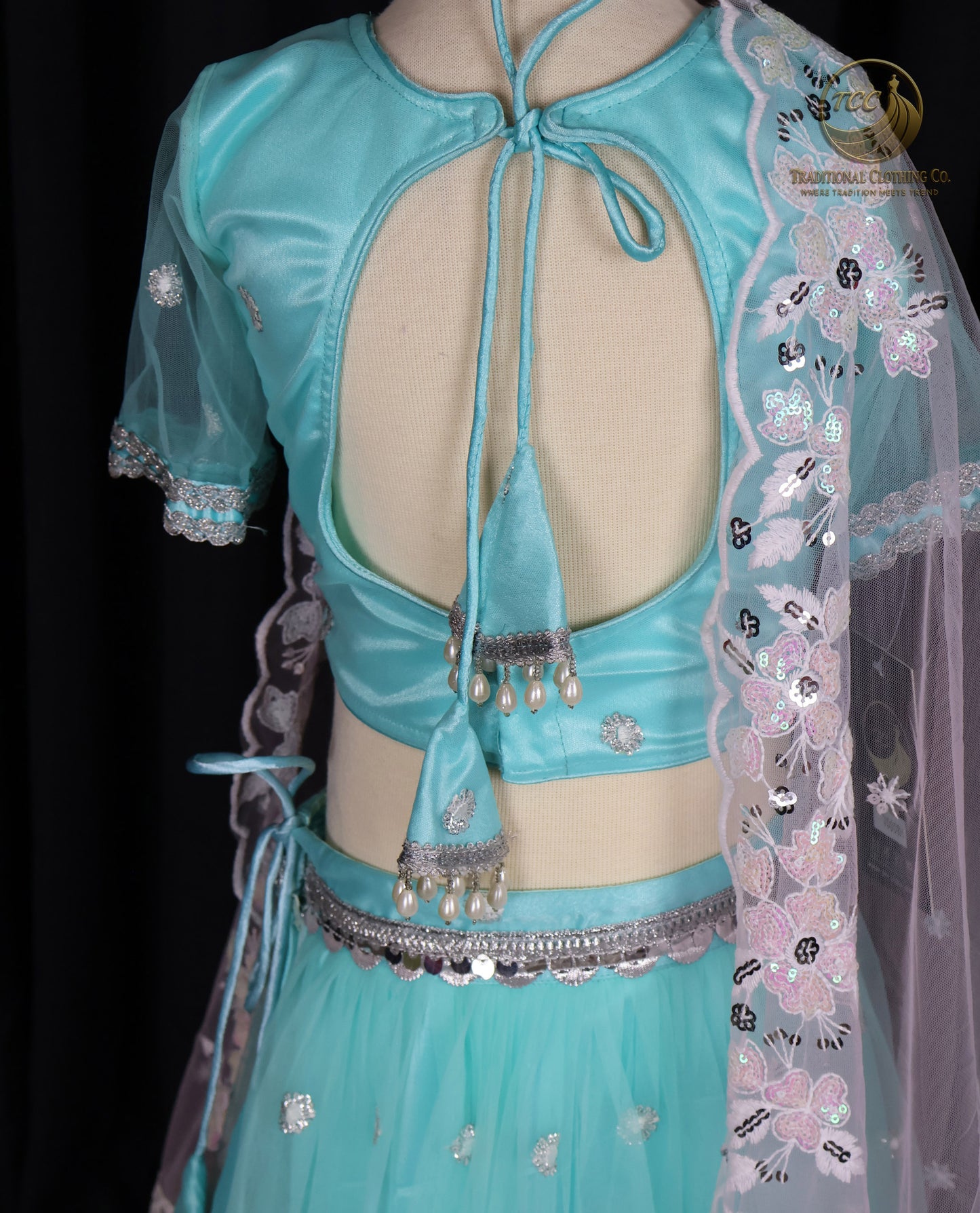 Kids Lehenga - Mesmerizing Turquoise Embroidered Lehenga Choli with Open-Back Blouse & Sheer Dupatta – Festive & Traditional Wear | Boutique Edition