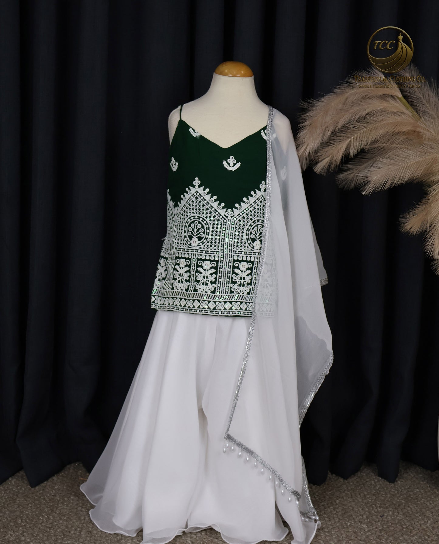 Graceful Green & White Embroidered Sharara Set with Sheer Dupatta – Festive & Traditional Wear | Boutique Edition
