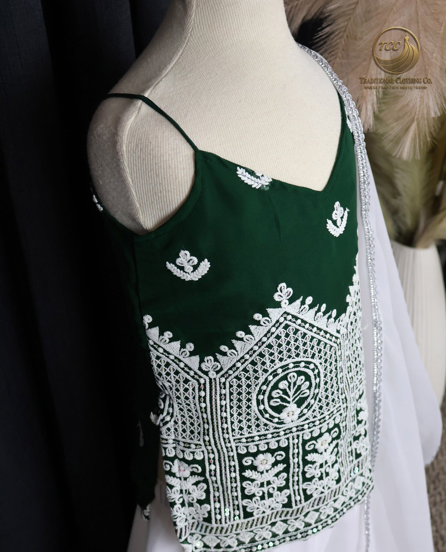 Graceful Green & White Embroidered Sharara Set with Sheer Dupatta – Festive & Traditional Wear | Boutique Edition