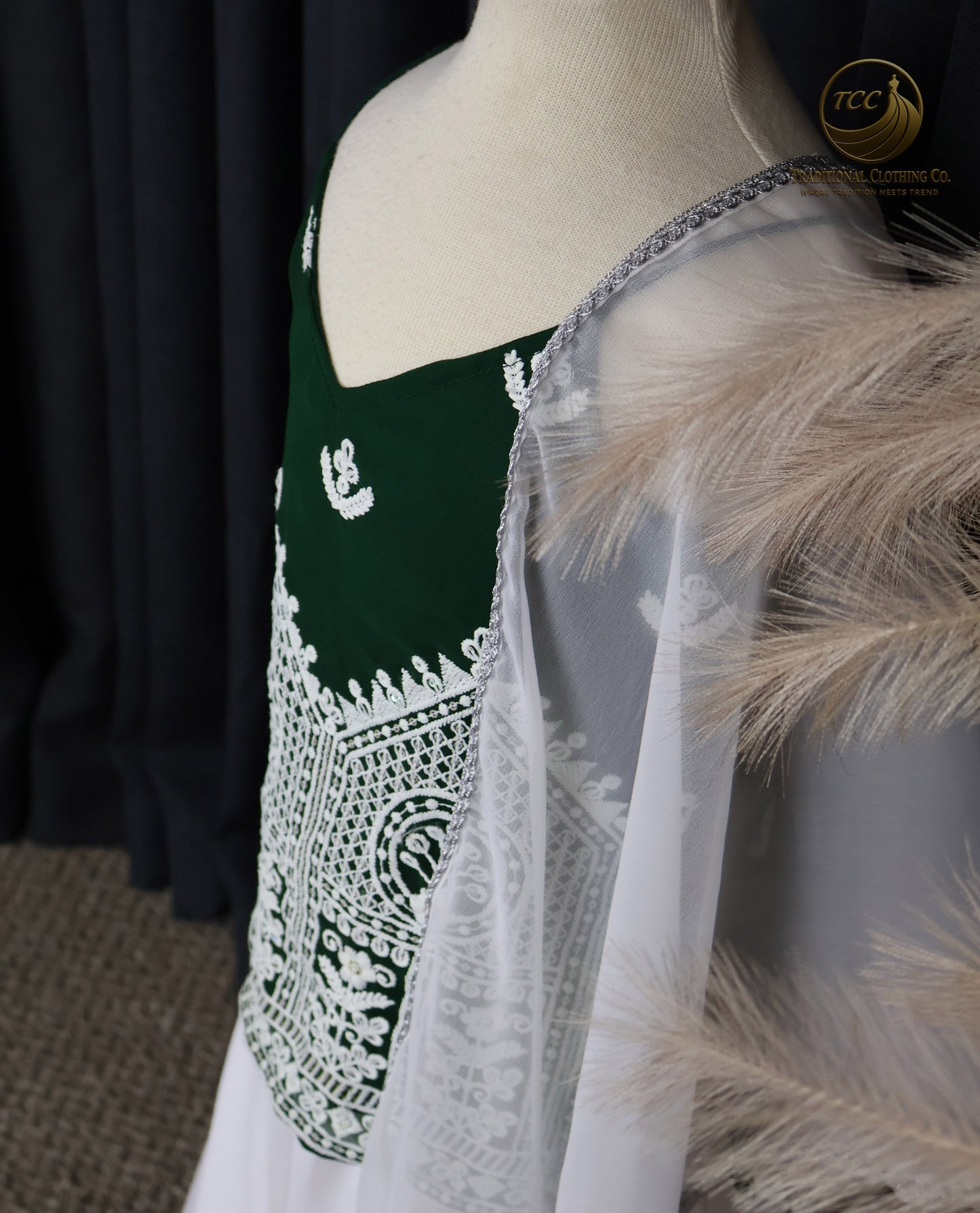 Graceful Green & White Embroidered Sharara Set with Sheer Dupatta – Festive & Traditional Wear | Boutique Edition