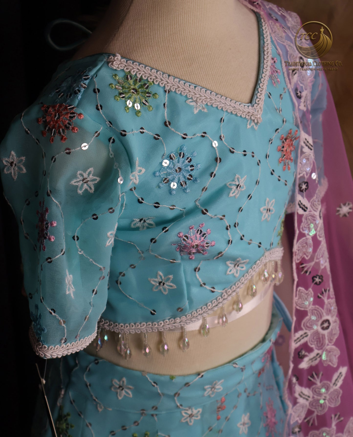 Exquisite Light Blue Embroidered Lehenga Choli with Sheer Pink Dupatta – Festive & Traditional Wear
