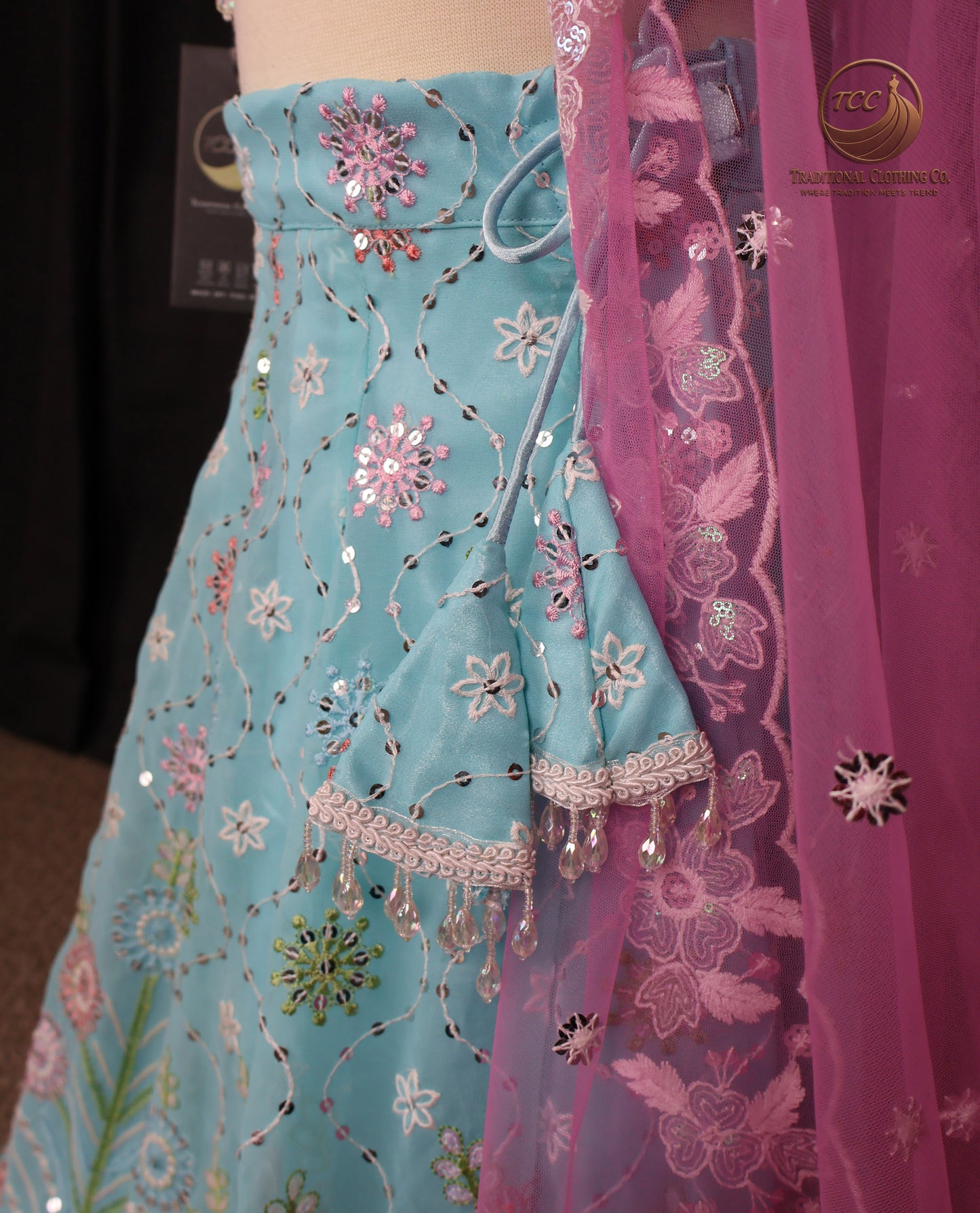 Exquisite Light Blue Embroidered Lehenga Choli with Sheer Pink Dupatta – Festive & Traditional Wear