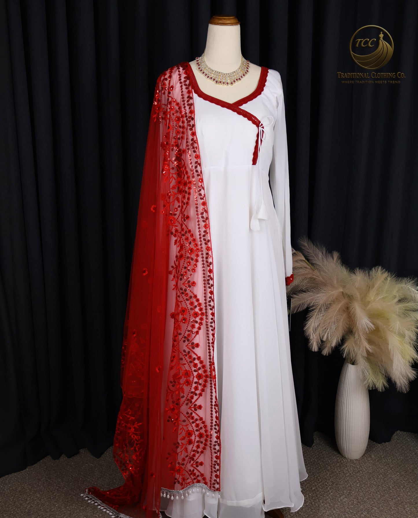 Elegant White & Red Embroidered Gown with Sheer Dupatta – Festive & Traditional Wear | Boutique Edition