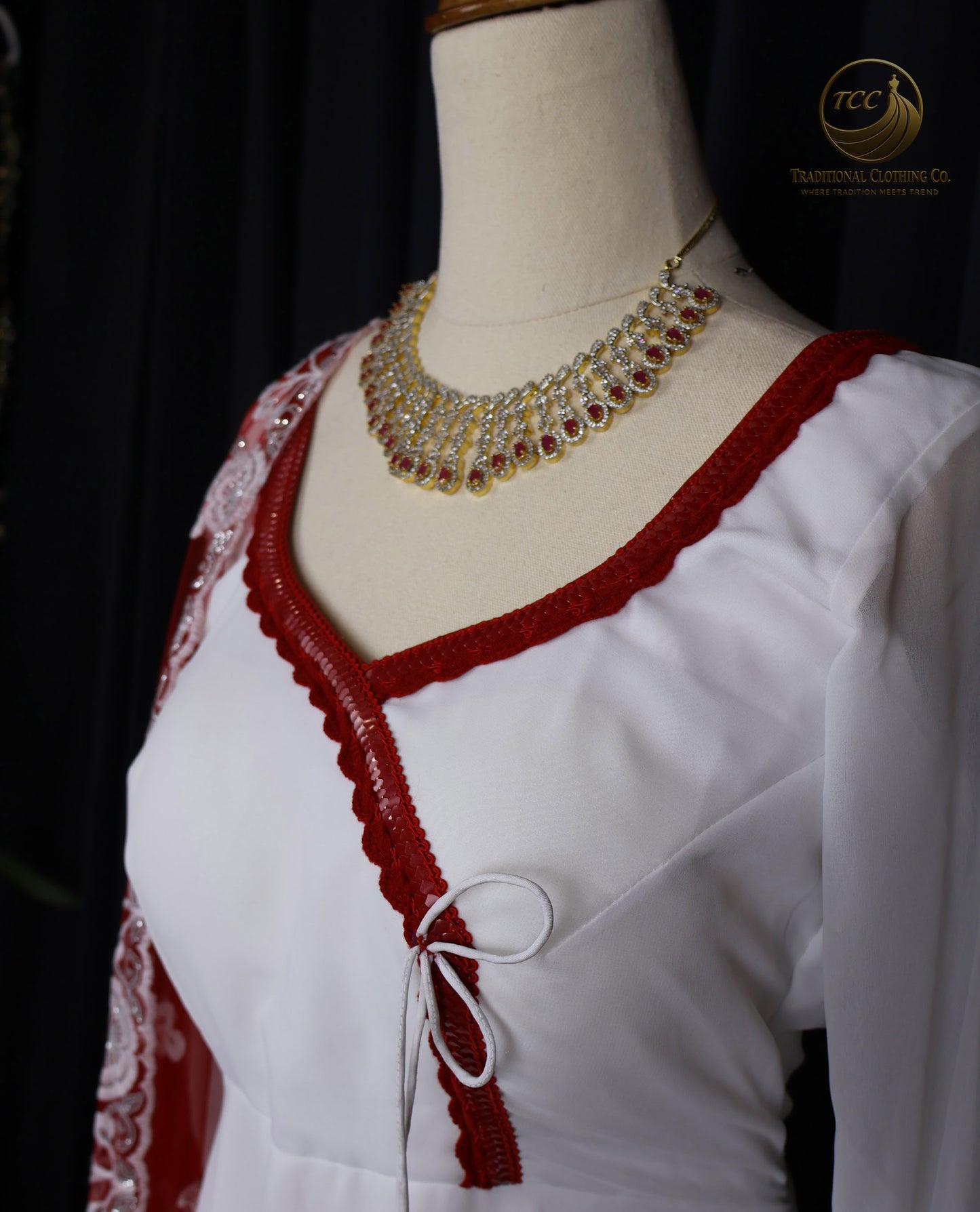 Elegant White & Red Embroidered Gown with Sheer Dupatta – Festive & Traditional Wear | Boutique Edition