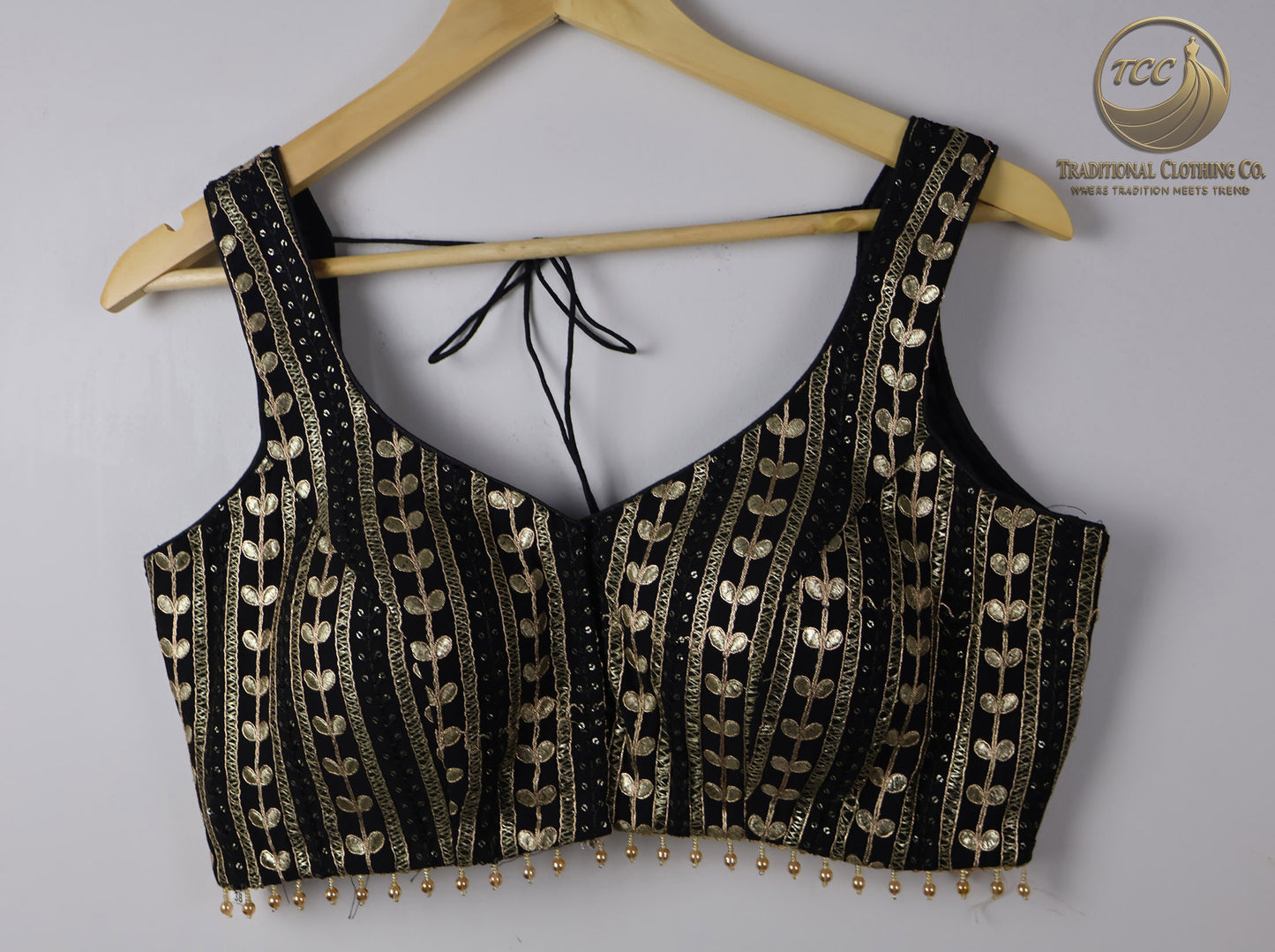 Black & Gold Embroidered Modern Blouse with Tie-Back Closure – Ideal Wear Parties, Weddings & Celebrations