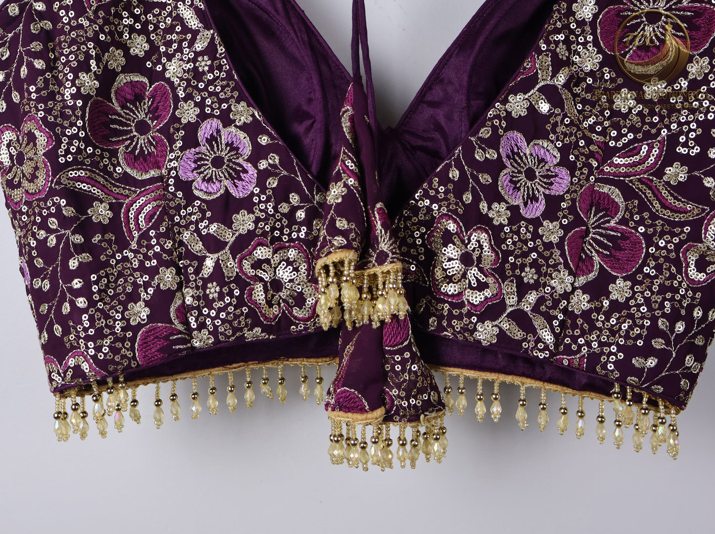 Deep Purple Embroidered Choli with Tassel Tie Closure & Beaded Hem – Modern Blouse for Festive & Cultural Wear | Boutique Edition