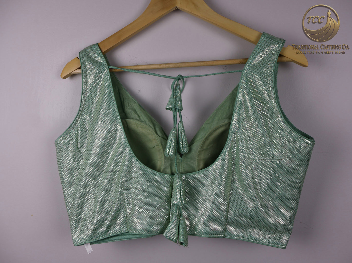Green Satin Sleeveless Tie-Back Blouse with Deep V-Neck – Modern Blouse Festive and parties