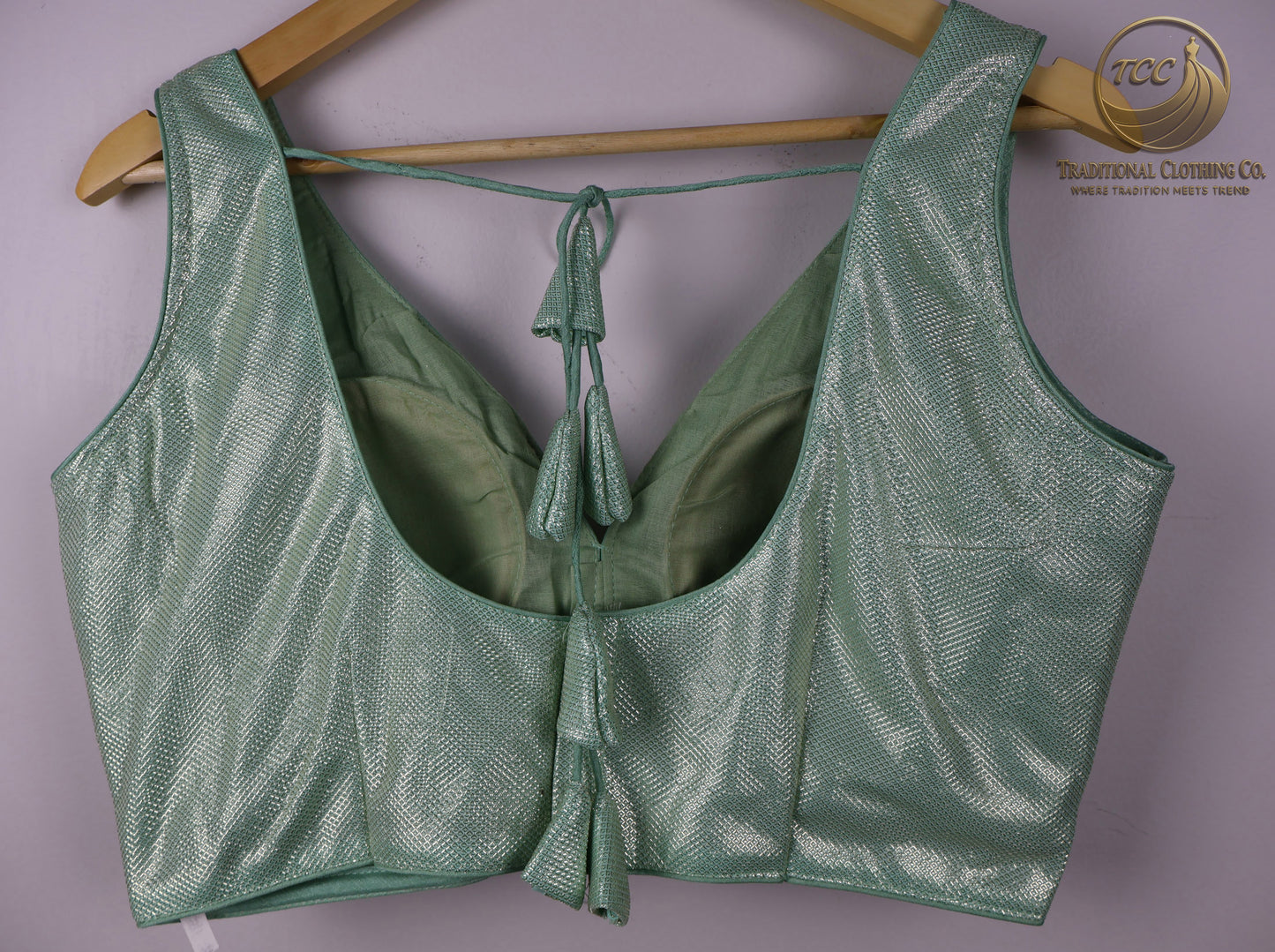 Green Satin Sleeveless Tie-Back Blouse with Deep V-Neck – Modern Blouse Festive and parties