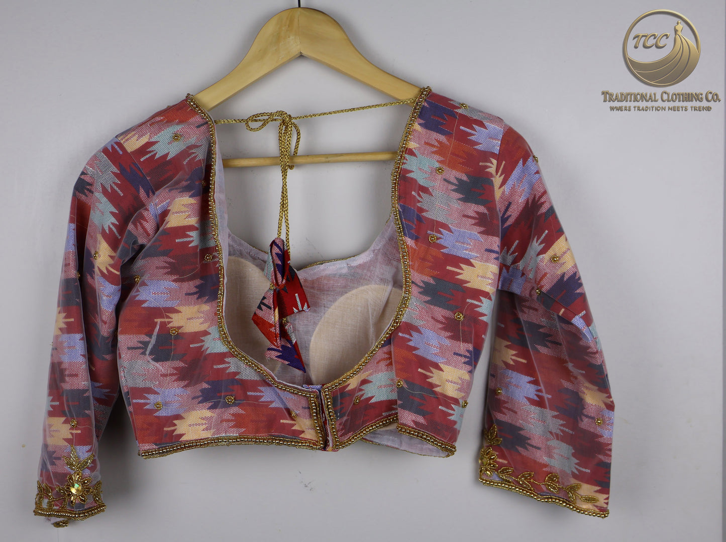 Multicolor Dhaka Blouse with 100% handwork | Gold Embroidery & Full Sleeves – Nepali Traditional Wear for Festivals & Special Occasions