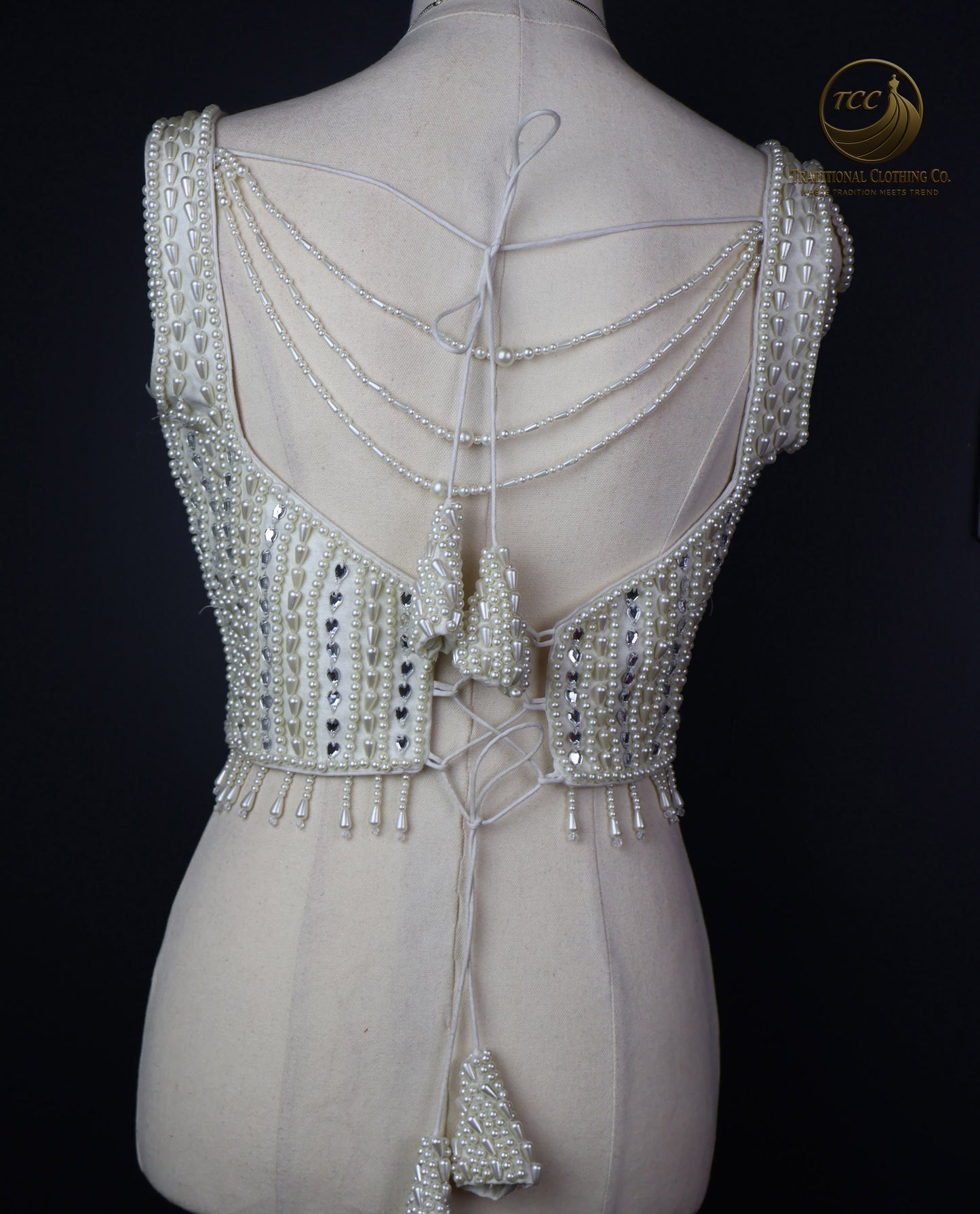 Handwork Pearl-Embellished Festive Blouse – Sleeveless V-Neck Crop Top | Traditional Partywear | Boutique Edition
