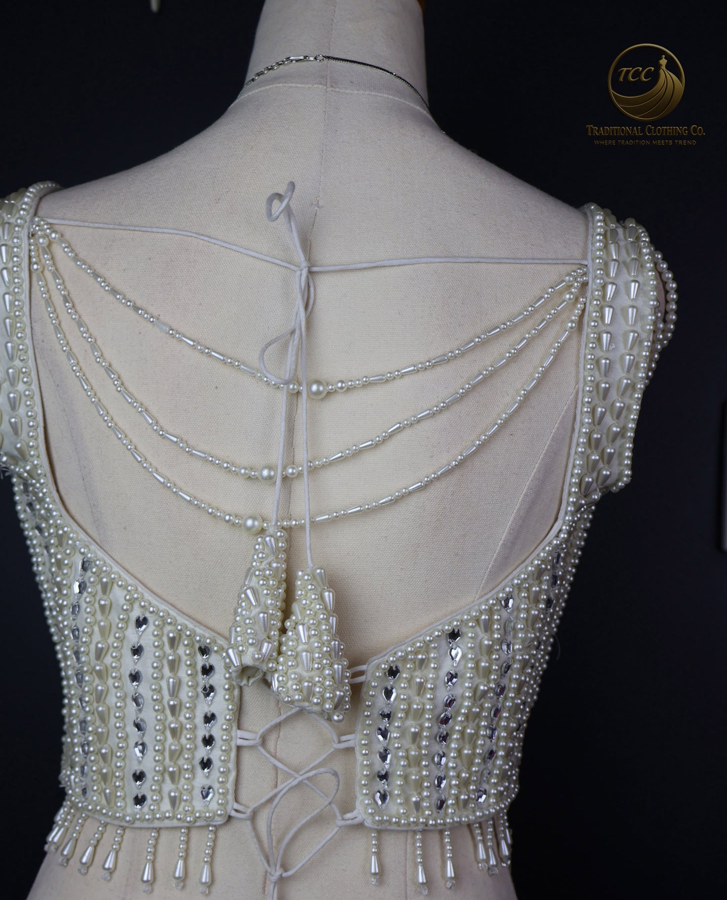 Handwork Pearl-Embellished Festive Blouse – Sleeveless V-Neck Crop Top | Traditional Partywear | Boutique Edition
